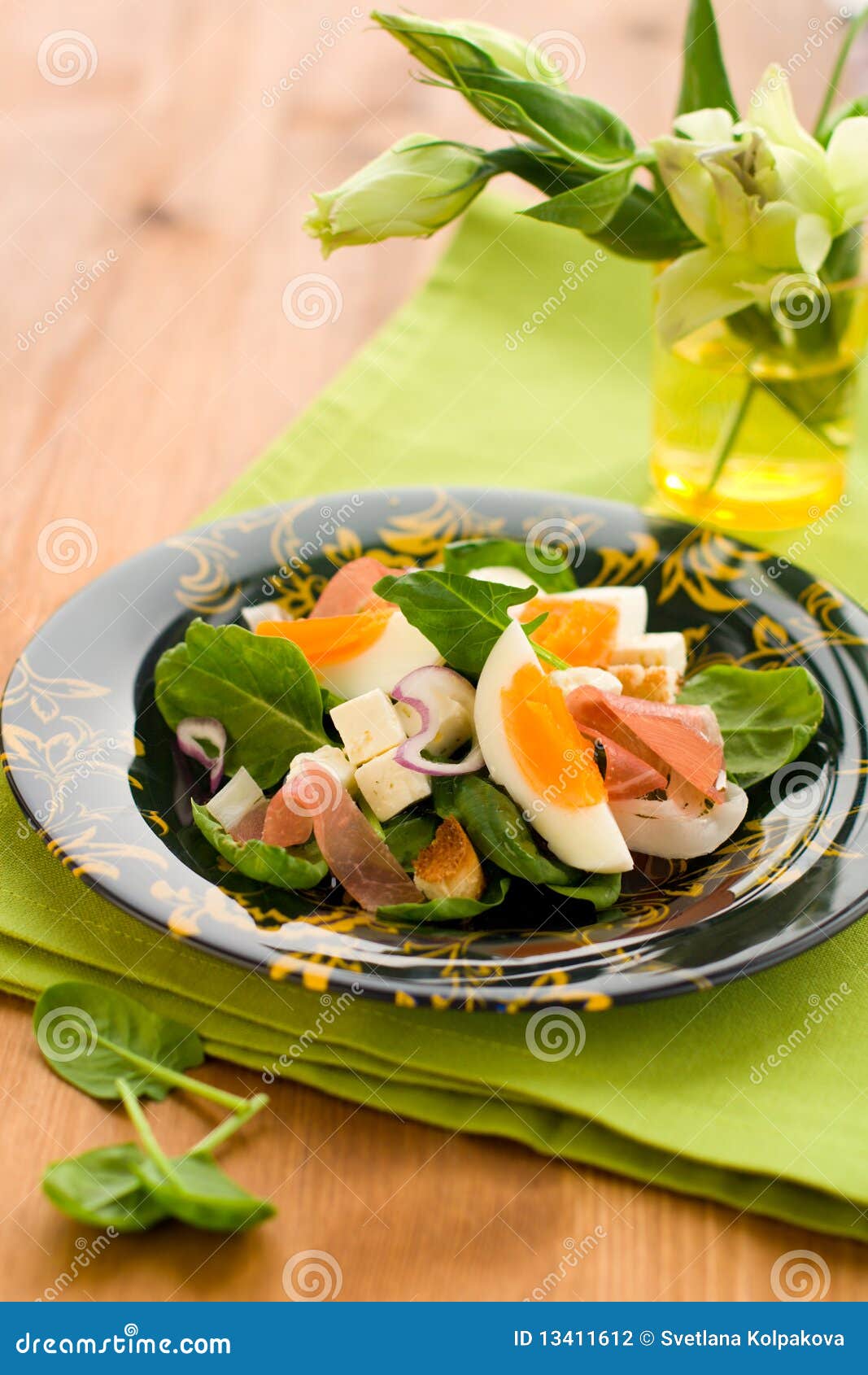 Salad with spinach,egg,ham stock photo. Image of selective 13411612
