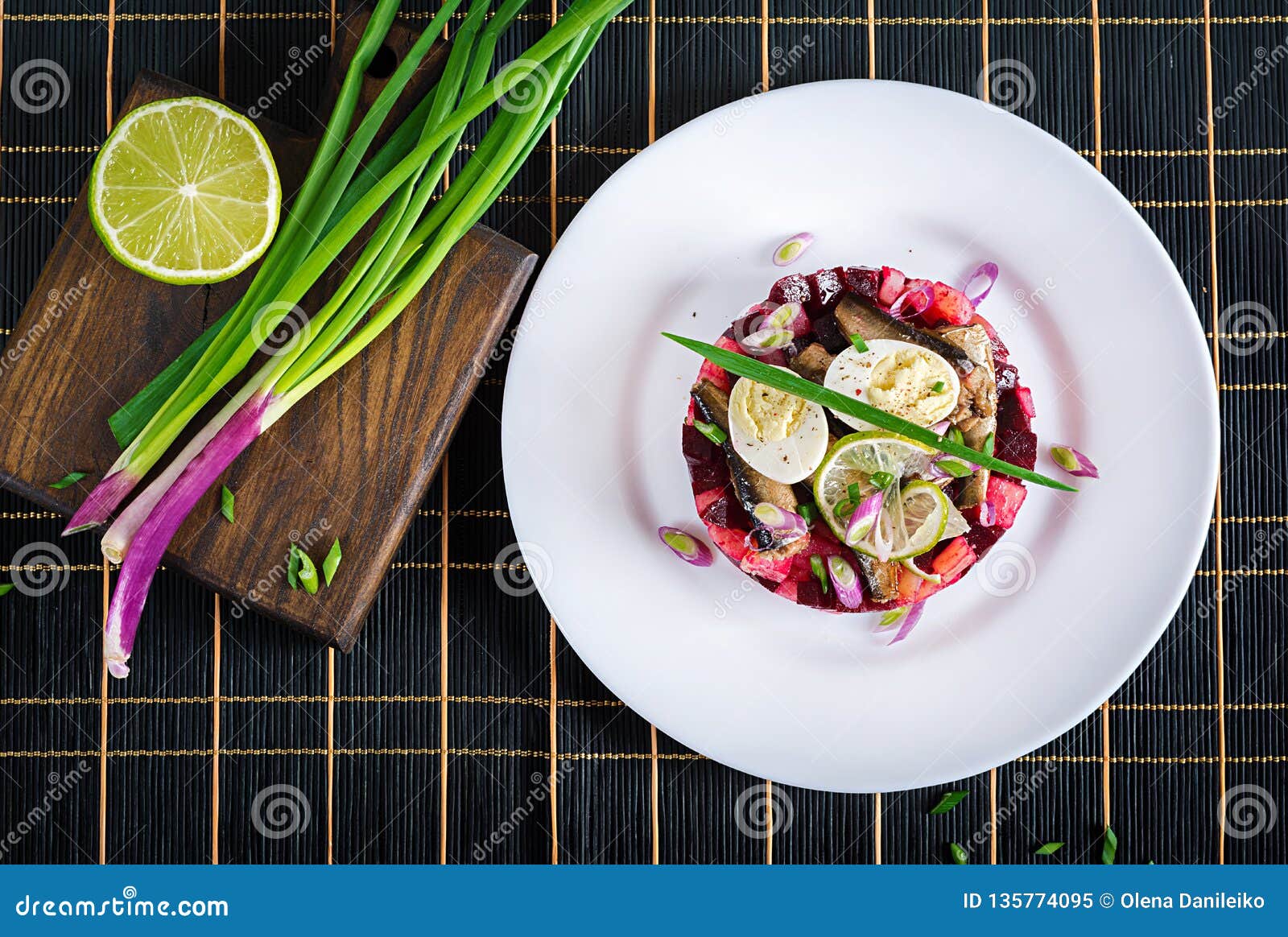 Salad with Sprats, Beets, Potatoes and Quail Eggs. Stock Image Image