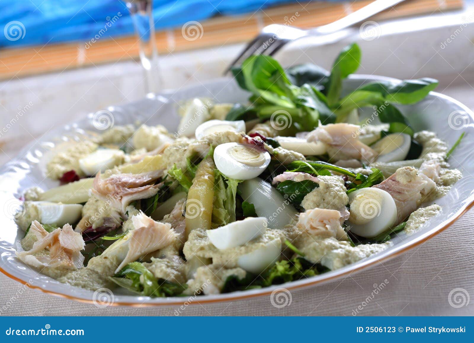 Salad with trout and eggs stock image. Image of delicious 2506123