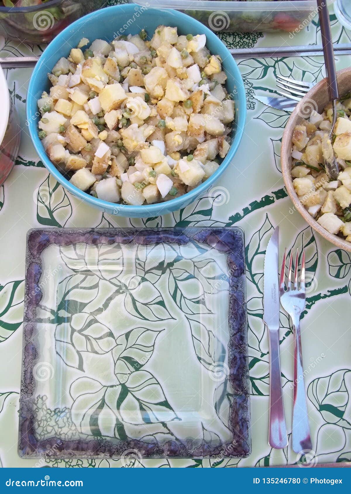 Close-up de uma tabela servida no campo, junto com a cutelaria e uma salada da batata e do ovo