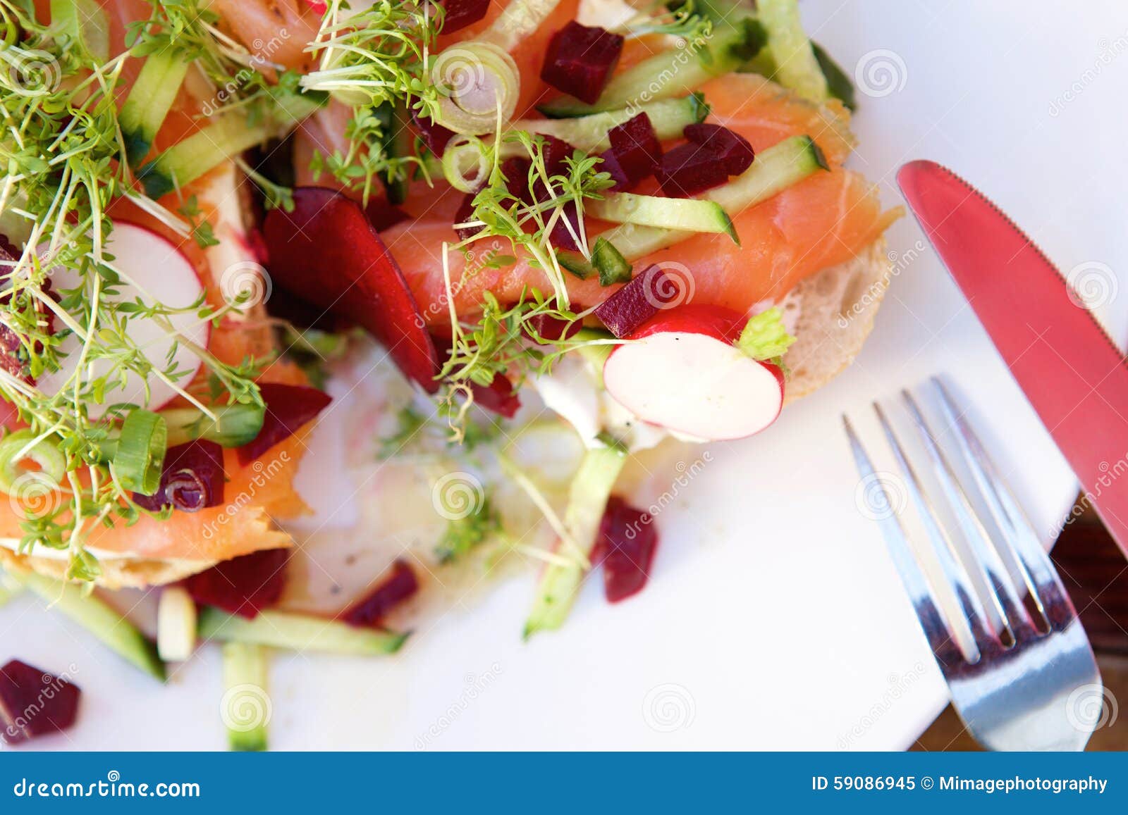 Salada salmon fumada. Feche acima da salada fresca com rabanete e beterrabas do salmão fumado