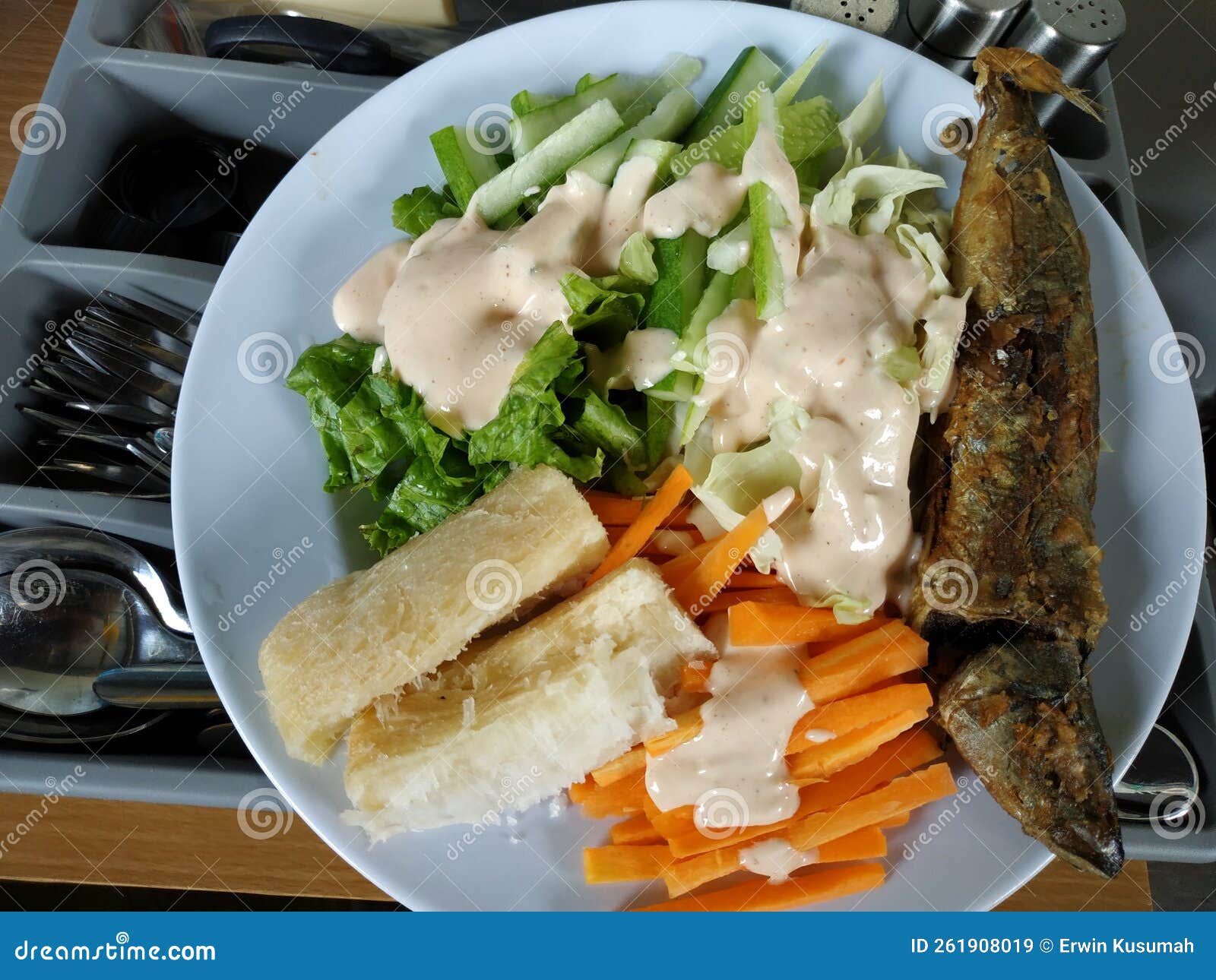 Salads with Cassava and Fish Fried with Mayo Sauce Stock Image Image