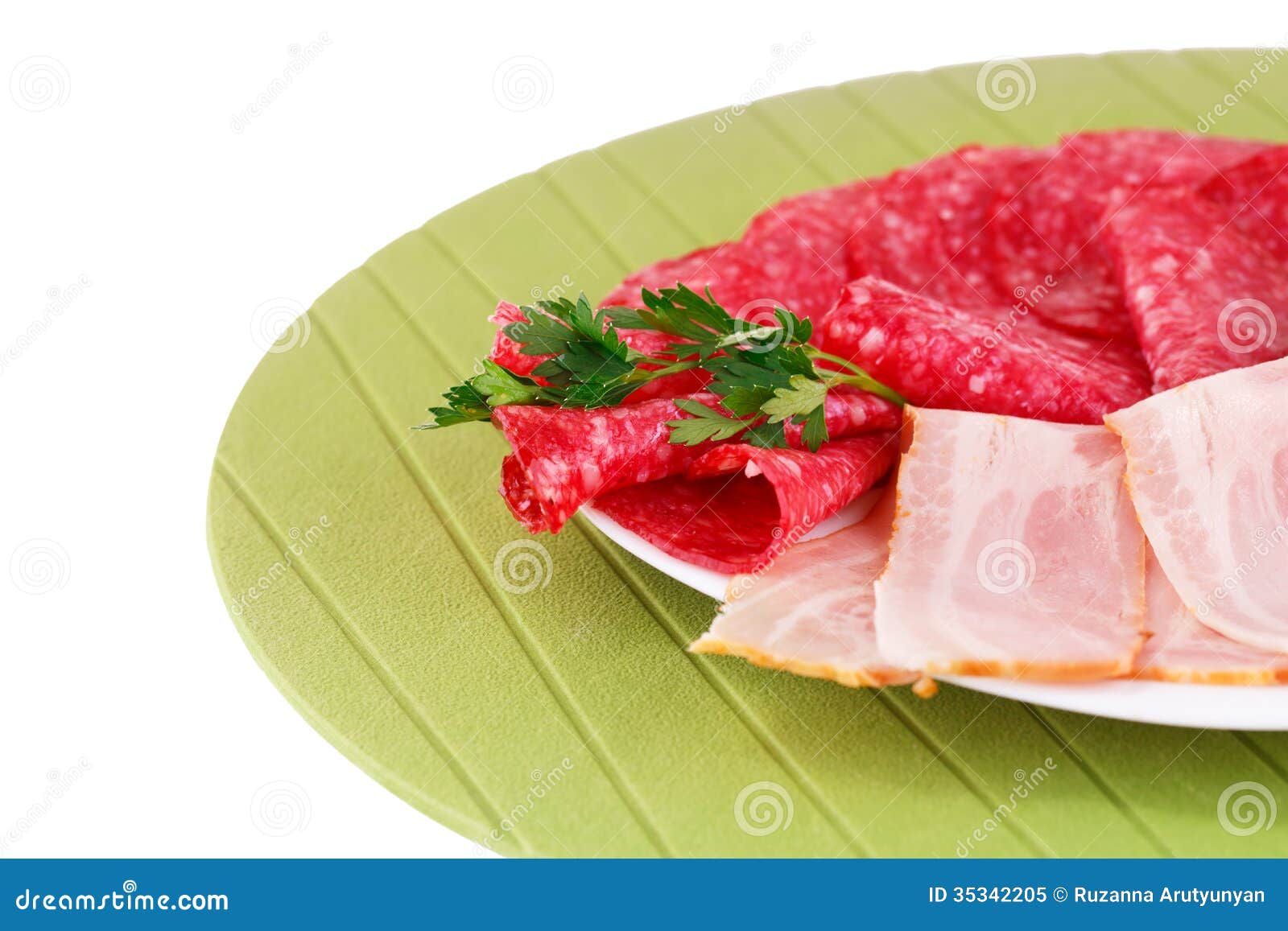 Salami and bacon stock image. Image of herb, piece, plate 35342205