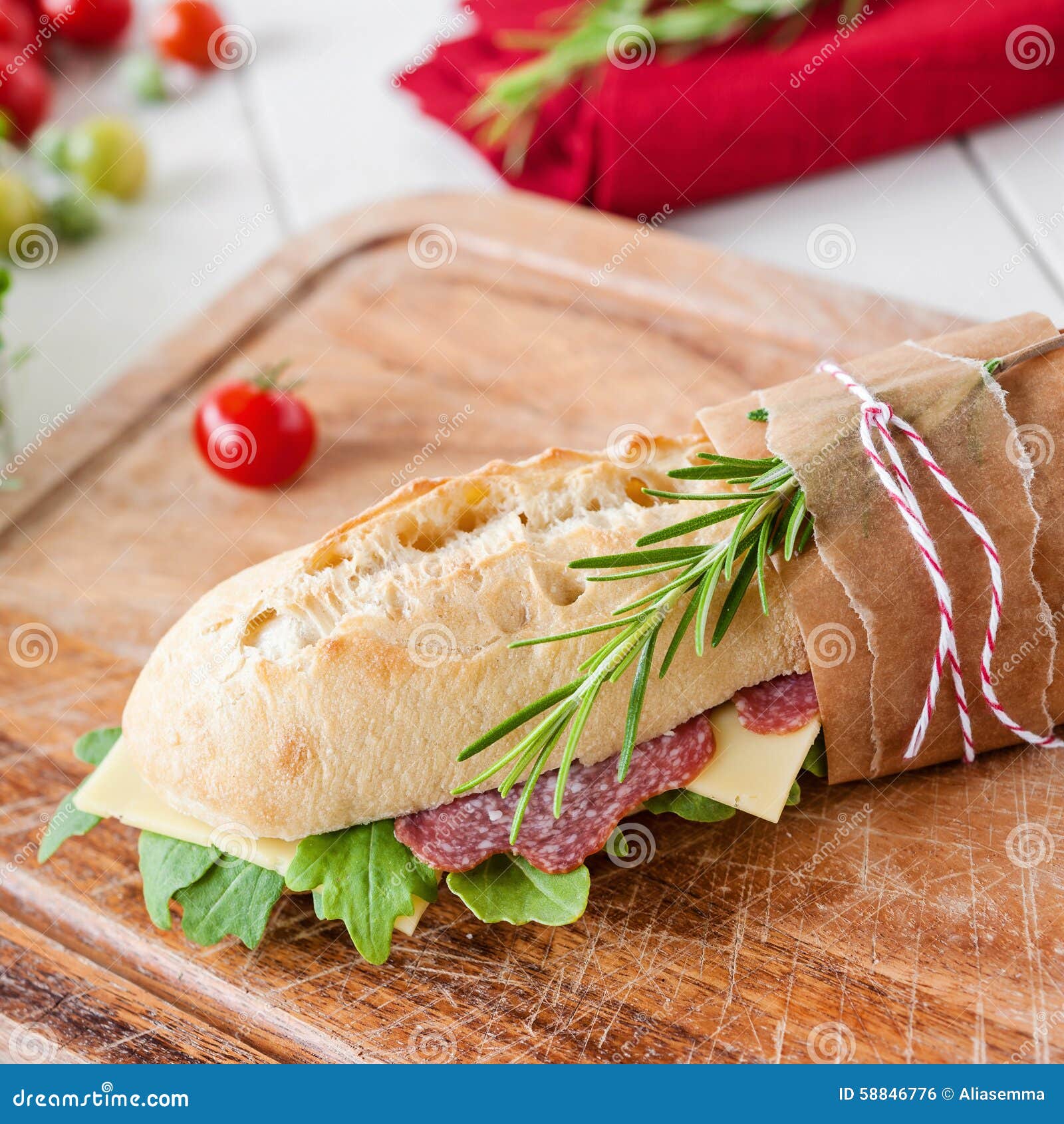Salami baguette stock photo. Image of lunch, salad, cheese 58846776