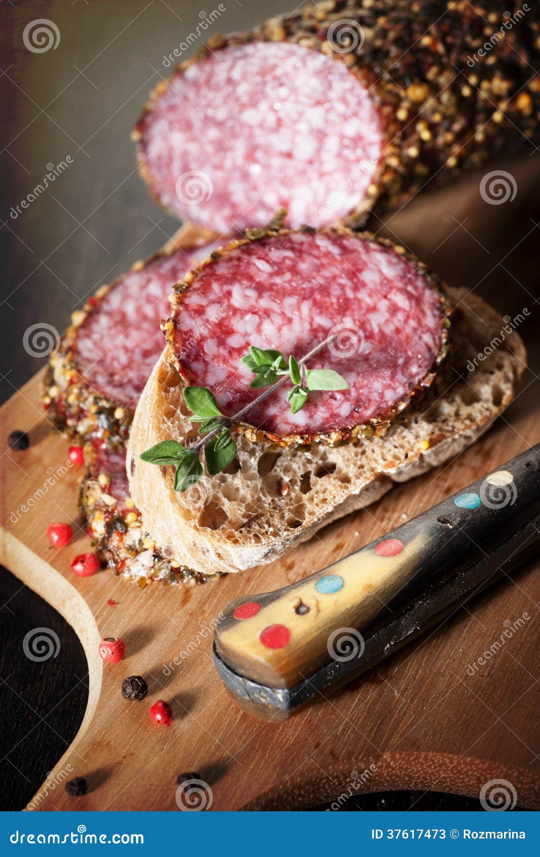 Salami with bread stock image. Image of gourmet, delicious 37617473