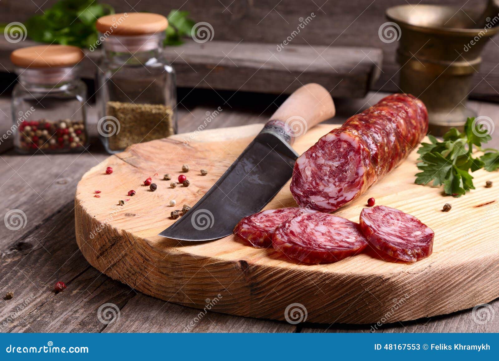 Salami and knife stock image. Image of knife, mold, herbs 48167553