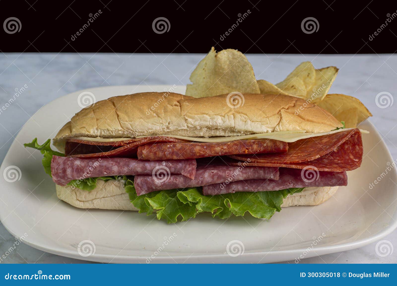 Salami and Pepperoni Sub Served with Potato Chips Stock Photo Image