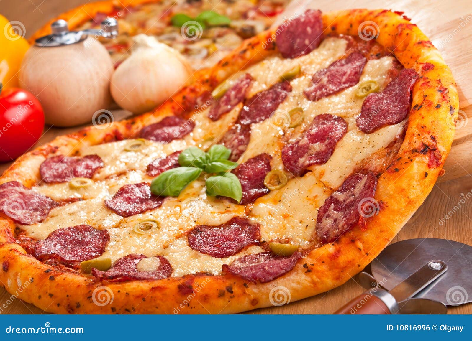Salami pizza stock photo. Image of food, golden, cooked 10816996