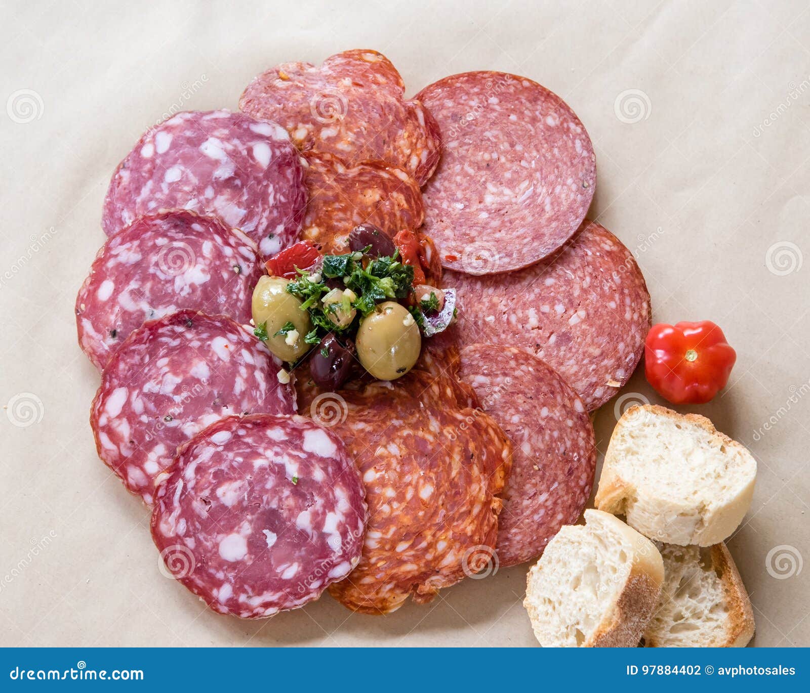 Stock 97884402 cuisine, - of Bread Photo closup: Image Slices Salami Olives. Rosette of with Garnished