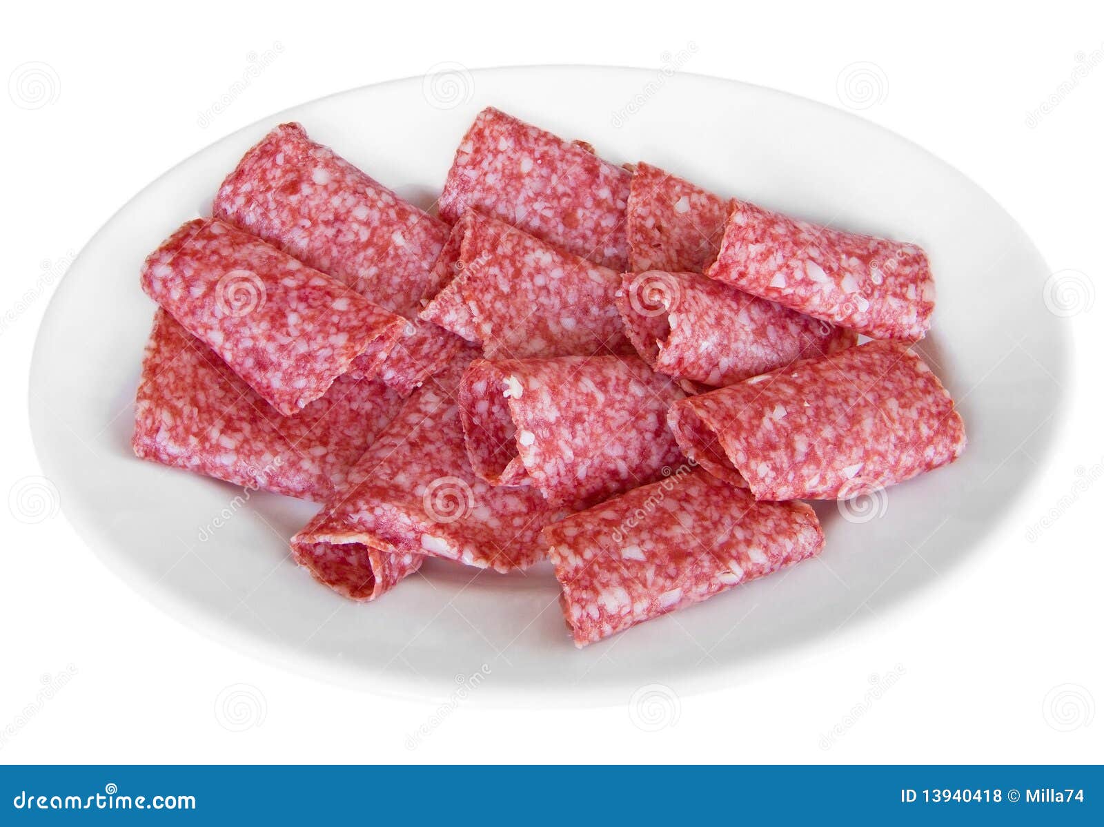 Salami Sliced on White Dish. Stock Photo Image of gastronomy, meat