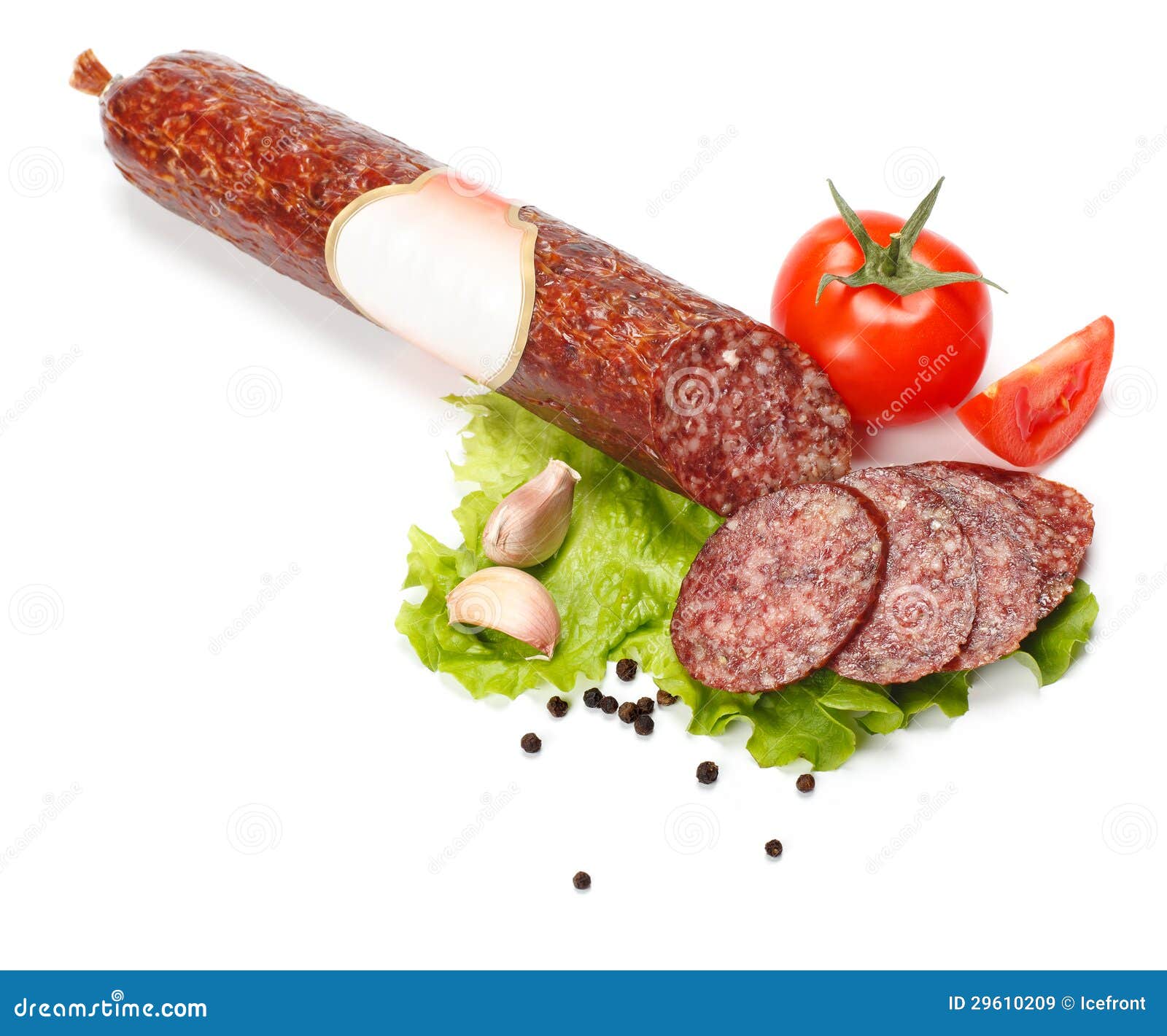Salami Stick with Blank Label and Slices Around Stock Image Image of
