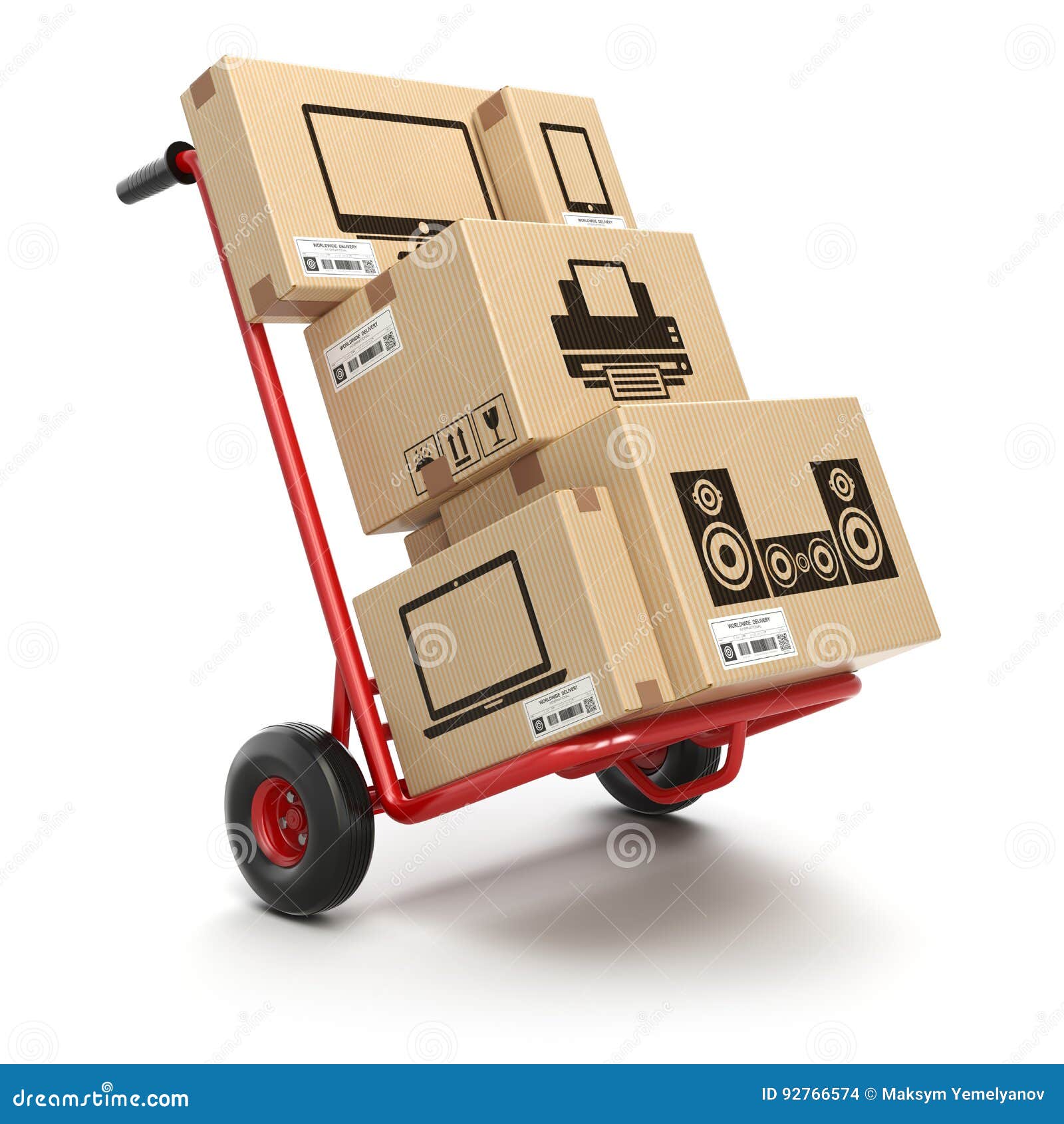sale and delivery of computer technics concept. hand truck and c