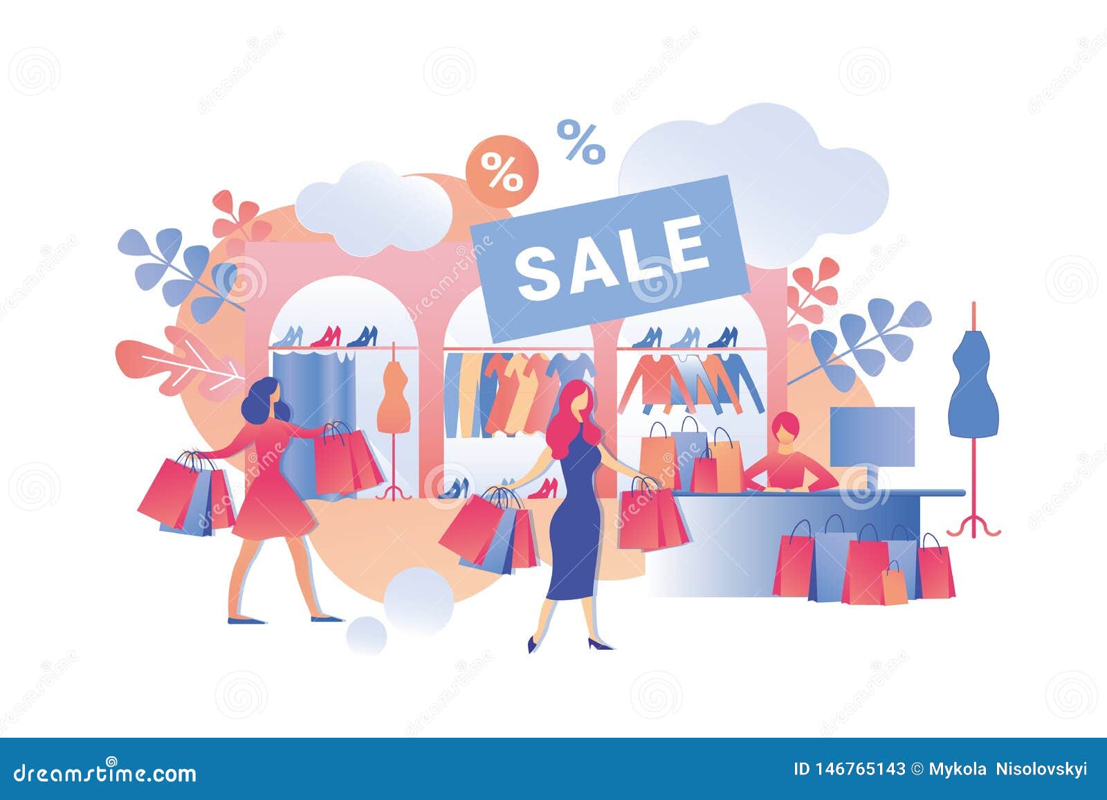 Sale Fashion Clothes in Womens Store Cartoon. Stock Vector