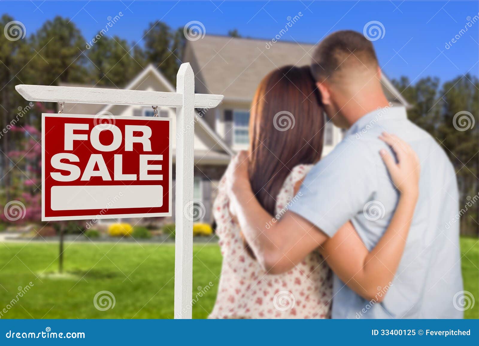 For Sale Real Estate Sign Military Couple Looking At House Royalty