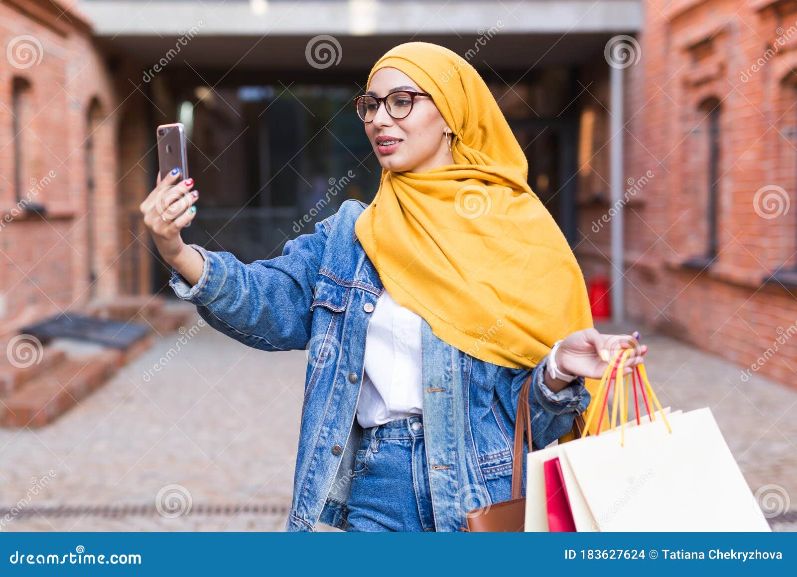 Sale Technologies And Buying Concept Happy Arab Muslim Woman Taking