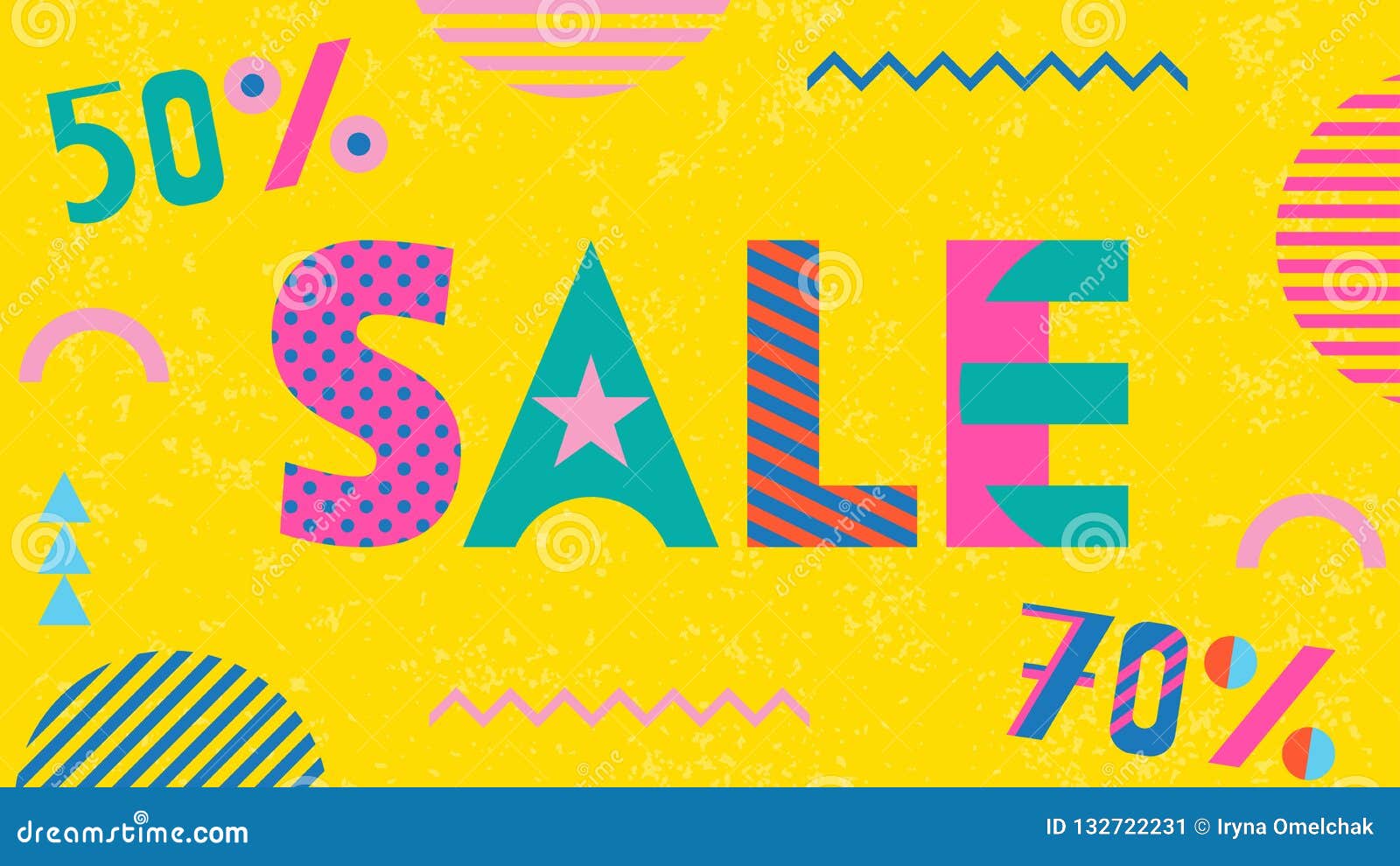 sale 50% and 70%. trendy geometric font in memphis style of 80s-90s.
