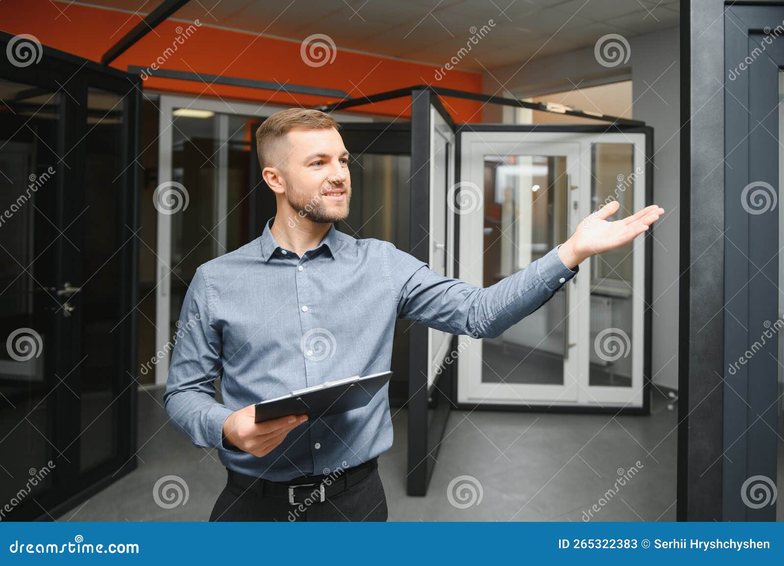 Sales Manager in a Window Shop. the Concept of Window Sales. Stock