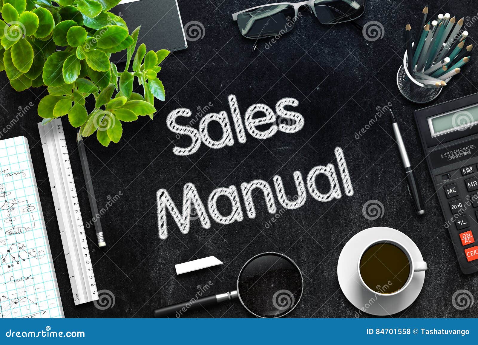 Sales Manual Handwritten on Black Chalkboard. 3D Rendering. Stock