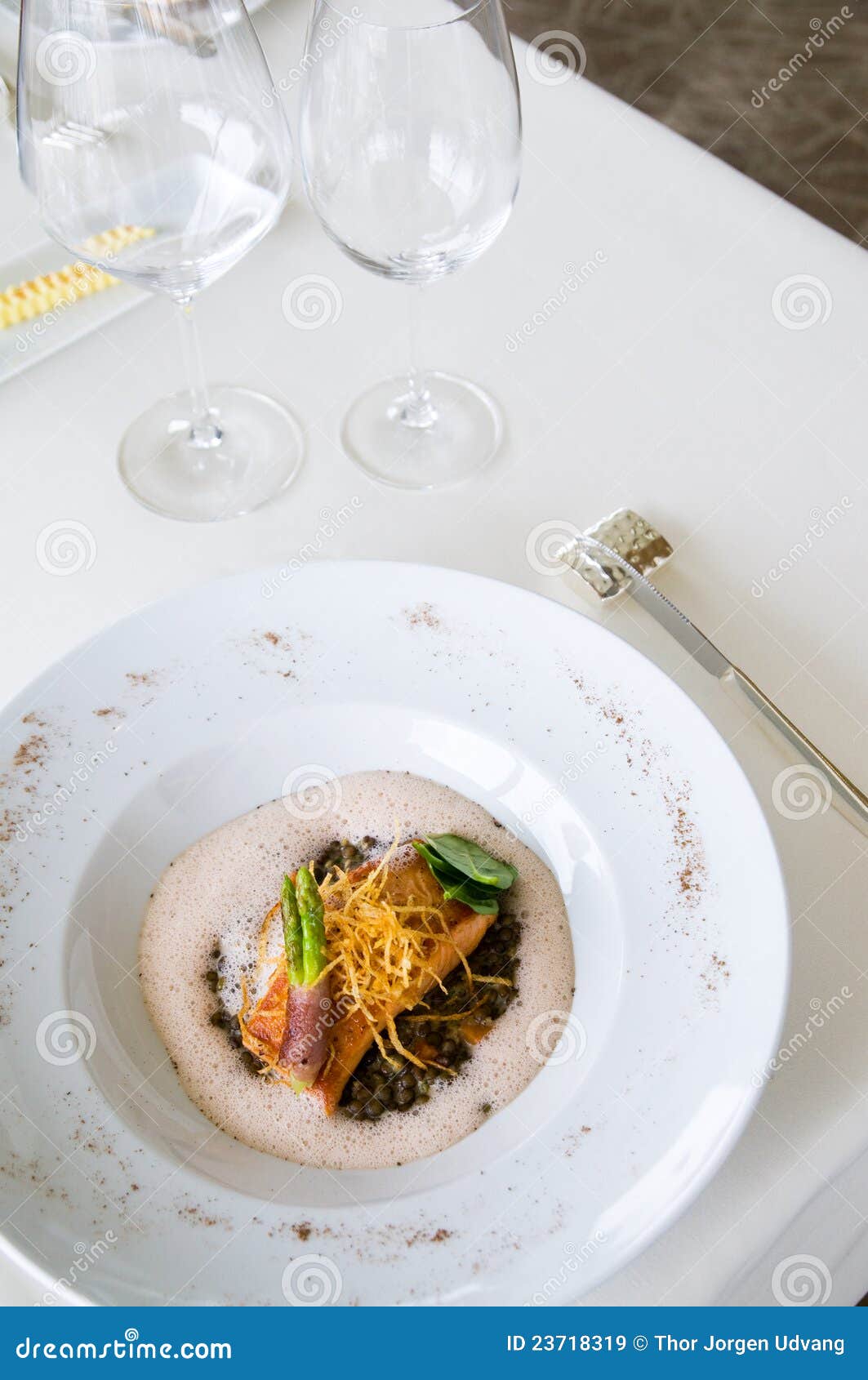 Salmon and Asparagus at Luxury Restaurant Stock Image Image of plate