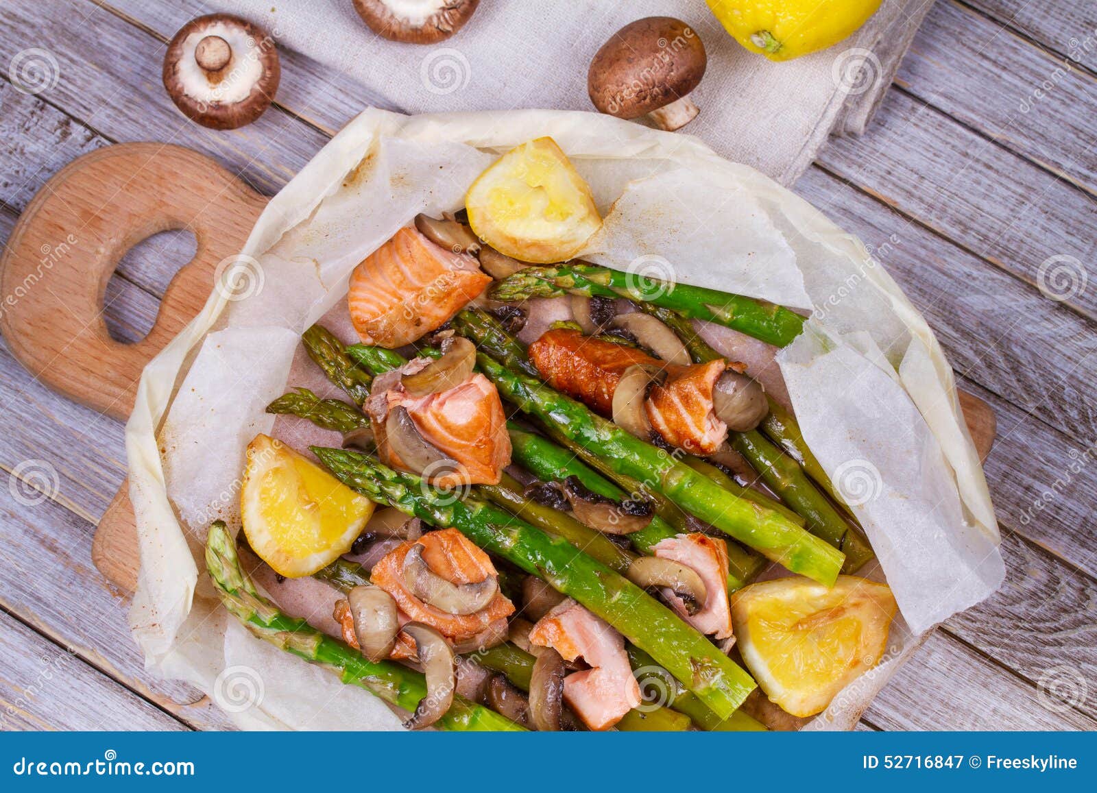 Salmon, Asparagus, and Mushrooms in Parchment Stock Image Image of