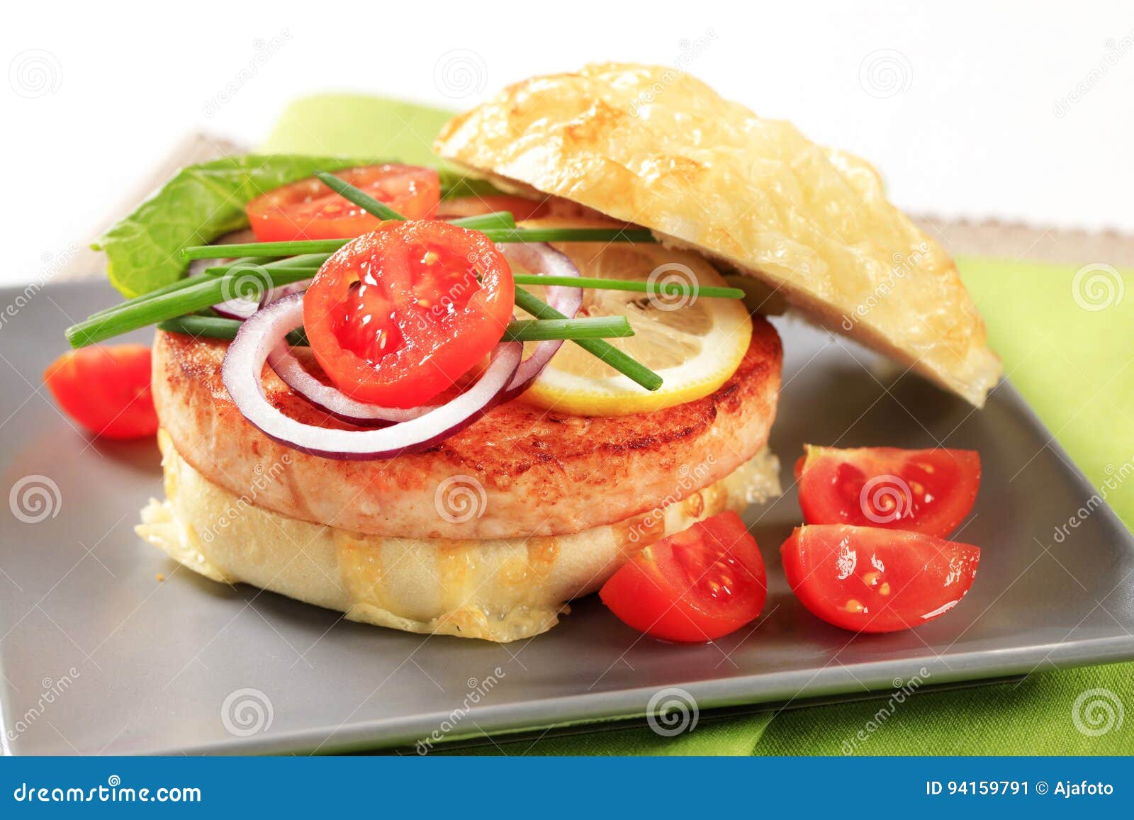 Salmon Burger stock image. Image of lemon, sandwich, square 94159791