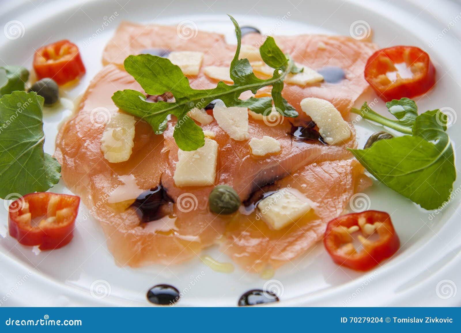 Salmon carpaccio on plate stock photo. Image of gastronomy 70279204