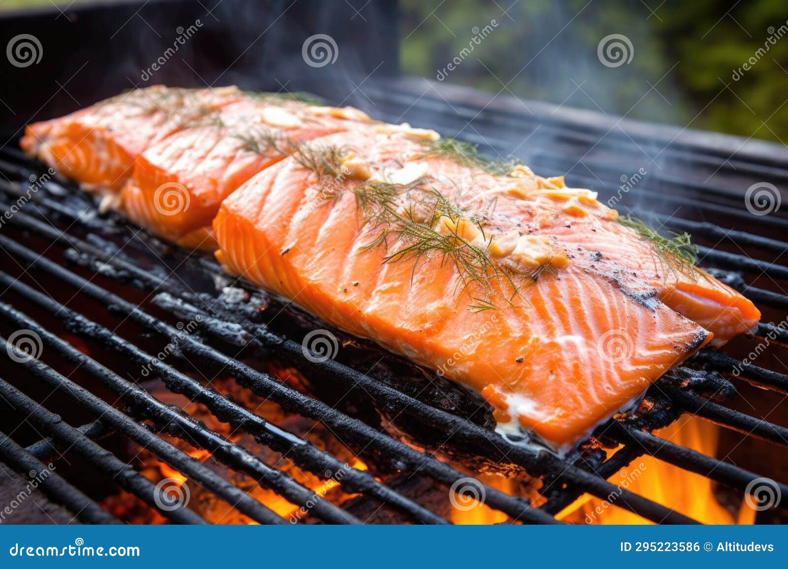 Salmon on Cedar Plank on Grill, Smoke Rising Stock Photo Image of