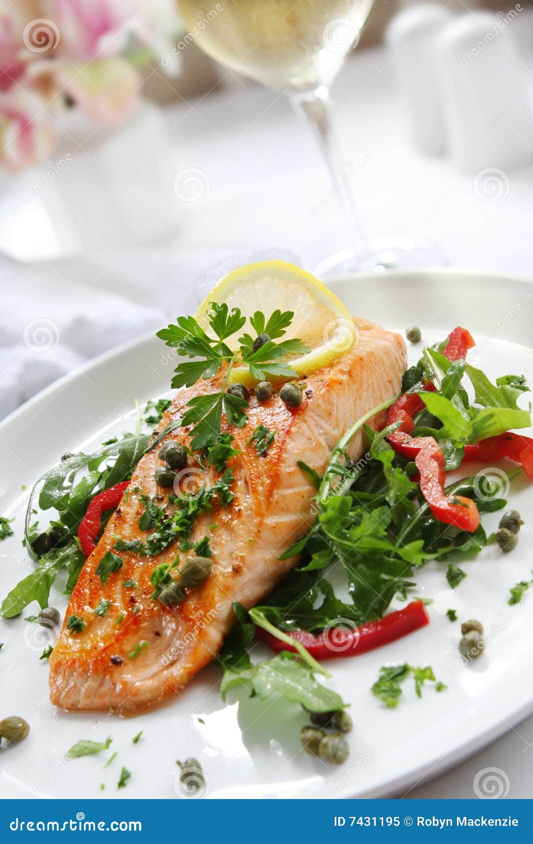 Salmon Dinner stock image. Image of glass, wine, fillet 7431195