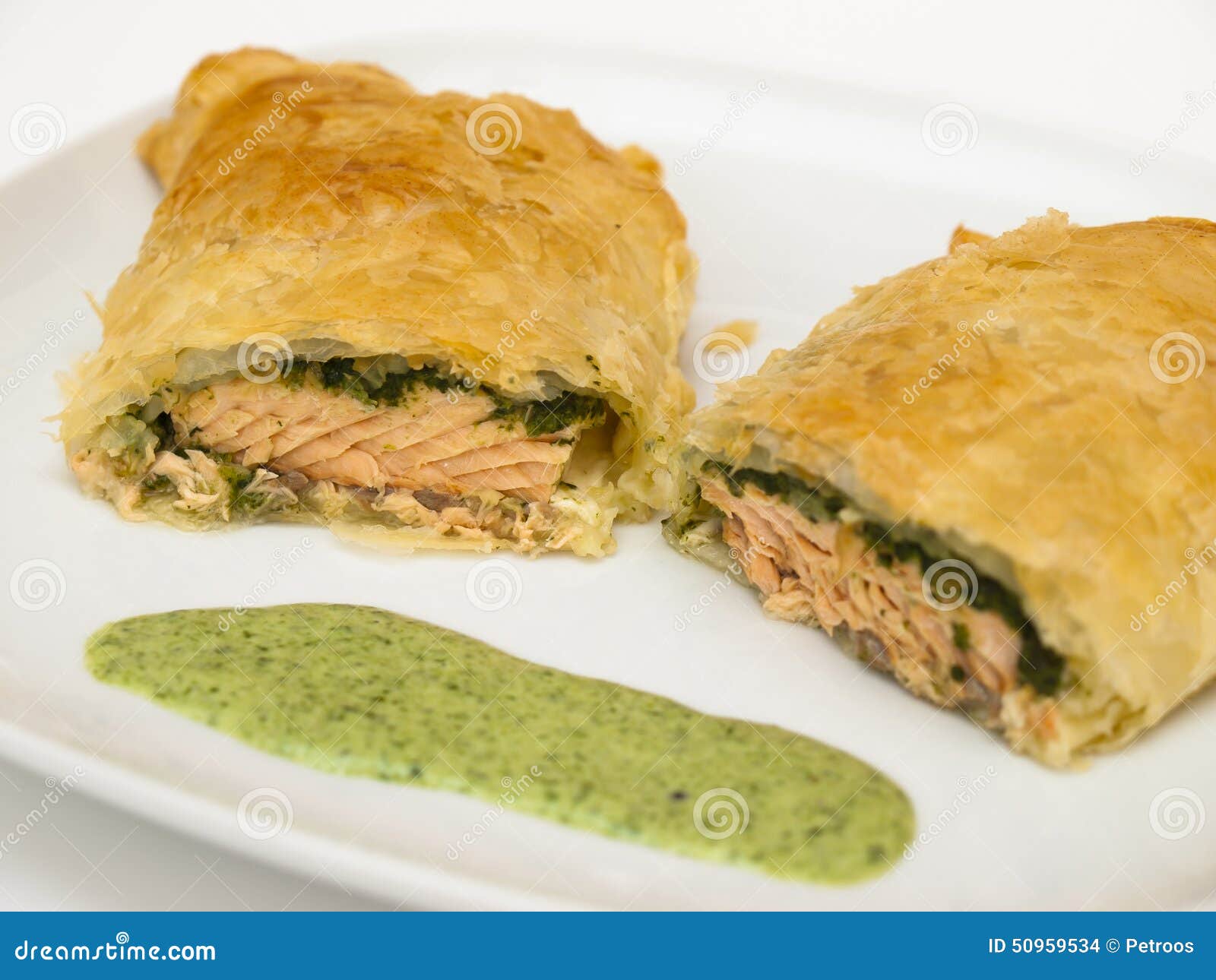 Salmon en croute stock photo. Image of spinach, baked 50959534