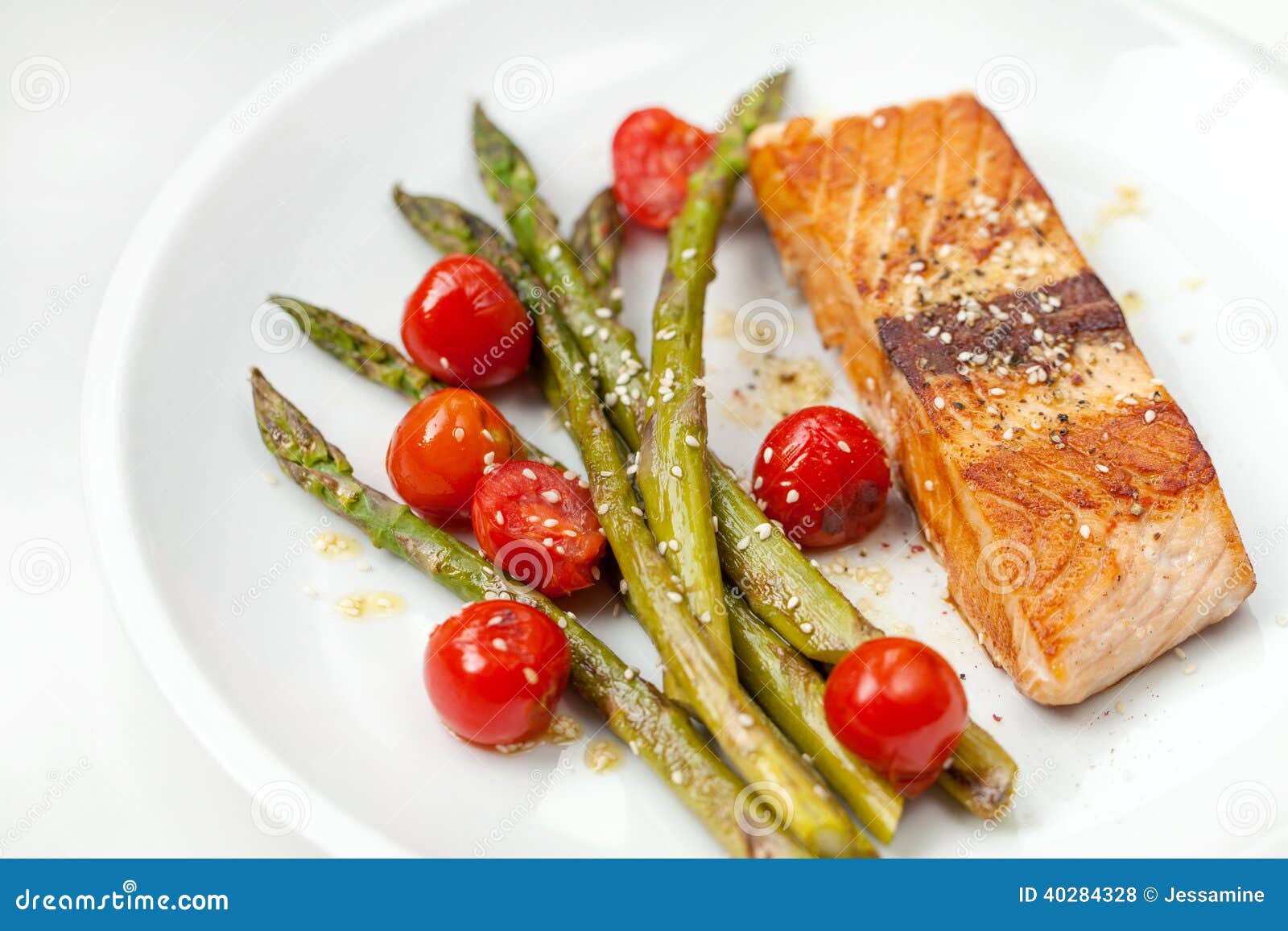 Salmon Fillet with Asparagus and Cherry Tomatoes Stock Photo Image of