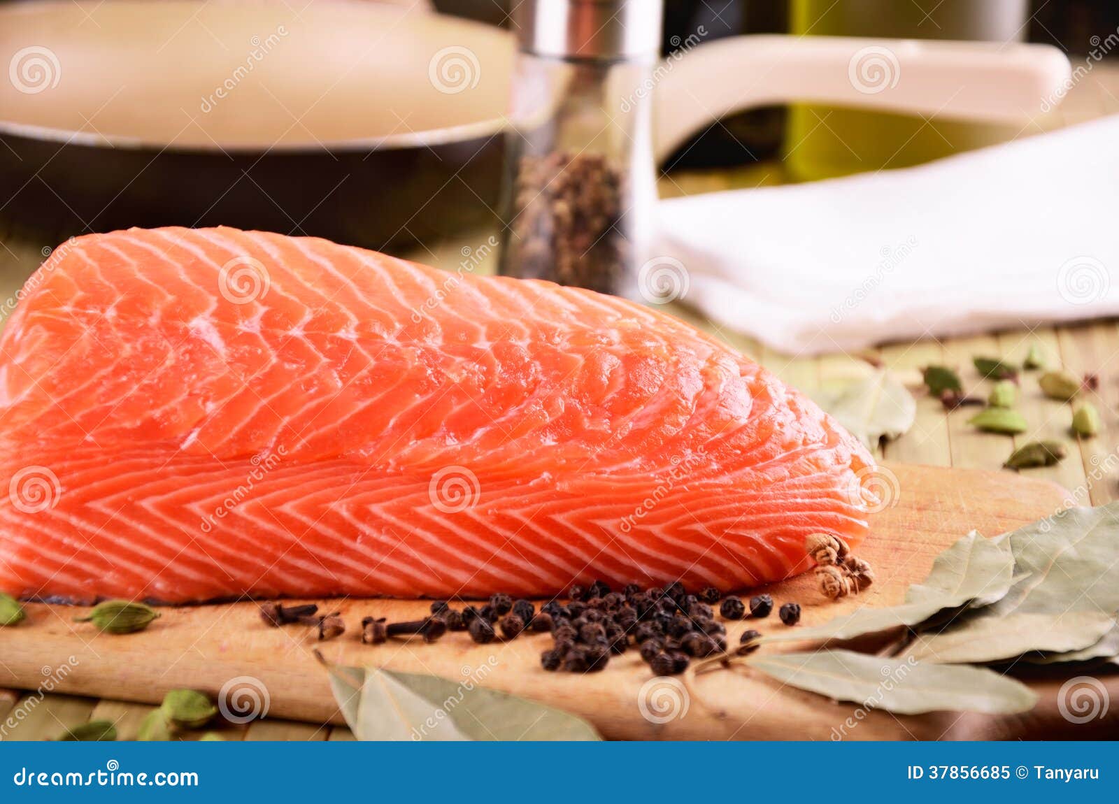 Salmon Fillet and a Frying Pan on the Table Stock Image Image of