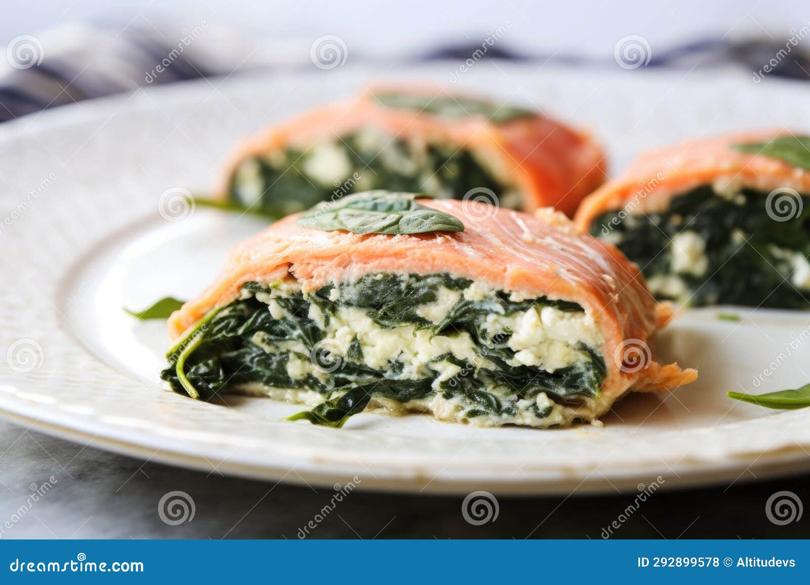 Salmon Fillet Stuffed with Spinach and Ricotta Cheese Stock Photo