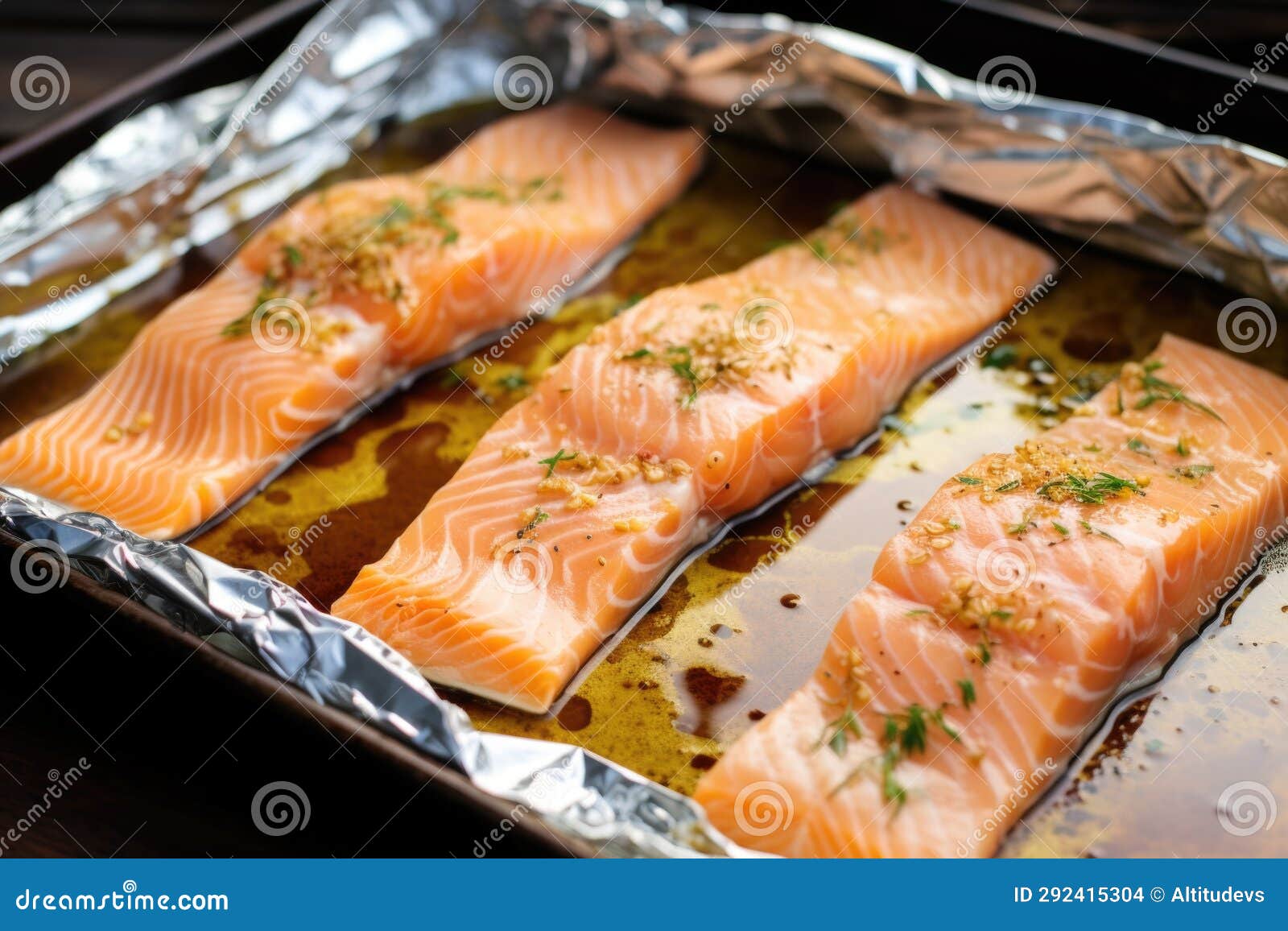 Salmon Fillets Marinating in Apple Cider before Grilling on Bbq Stock