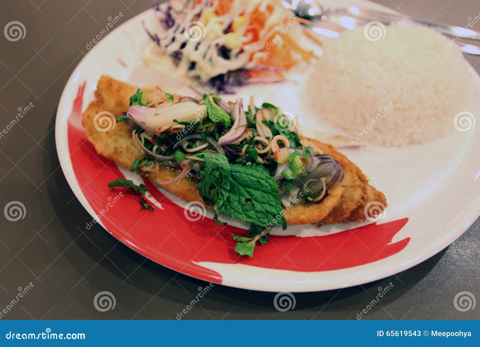 Salmon Fried and Jasmine Rice on Dish. Stock Image Image of fish