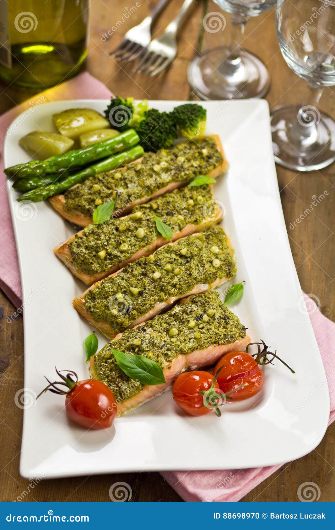 Salmon with green pesto stock photo. Image of dish, delicious 88698970