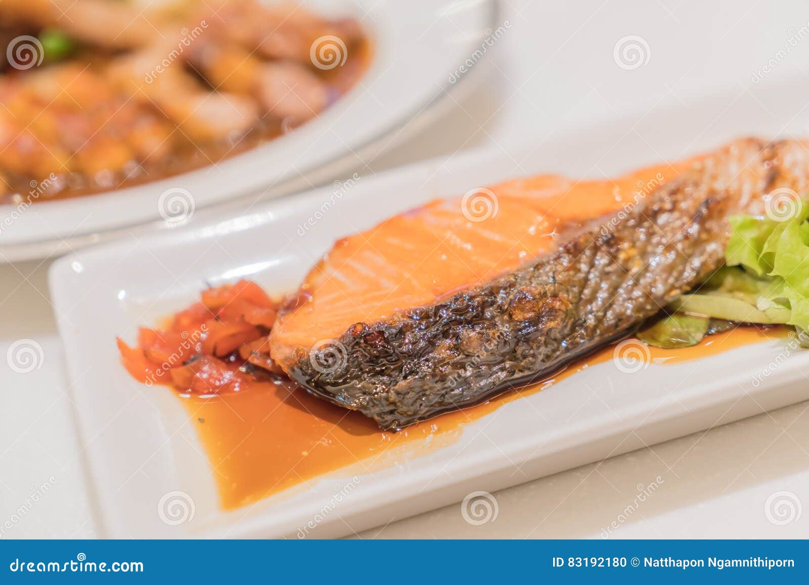 Salmon grill with sauce stock photo. Image of fillet 83192180