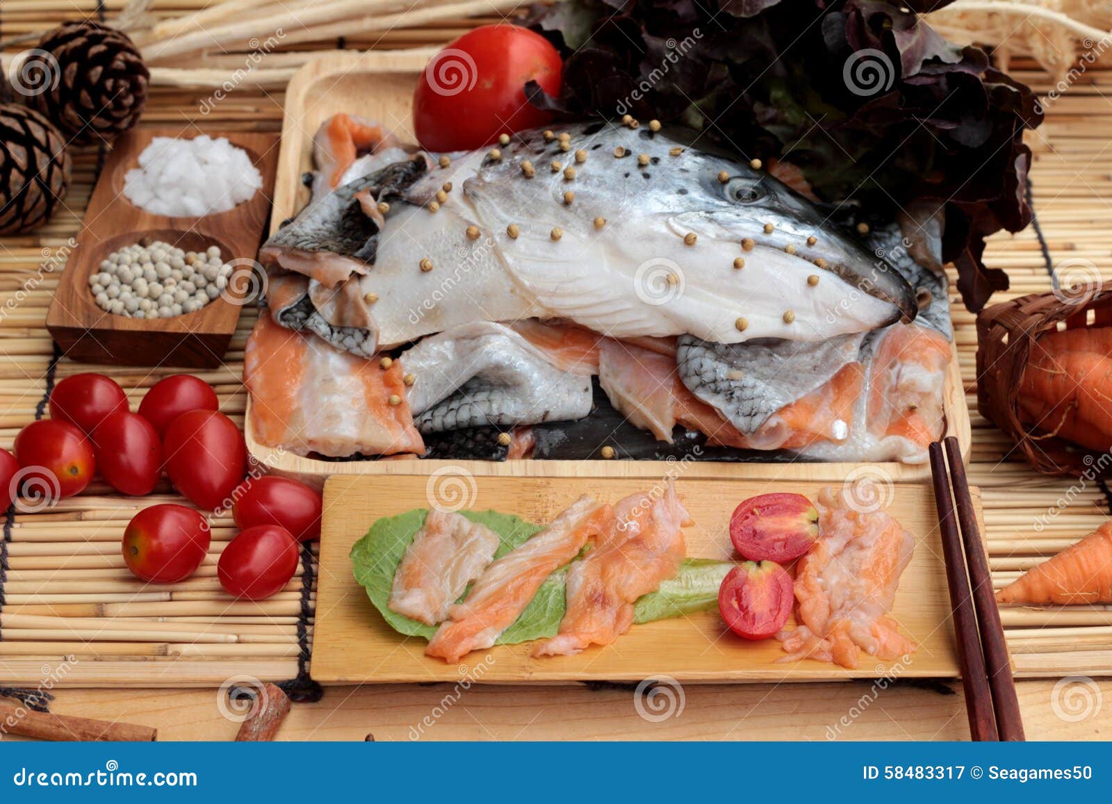 Salmon Head for Cooking and Fresh Salmon Fillets . Stock Image Image