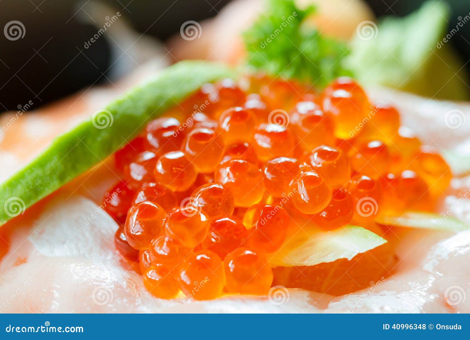 Salmon Ikura Don Japanese Steamed Rice Topping With Raw Salmon And