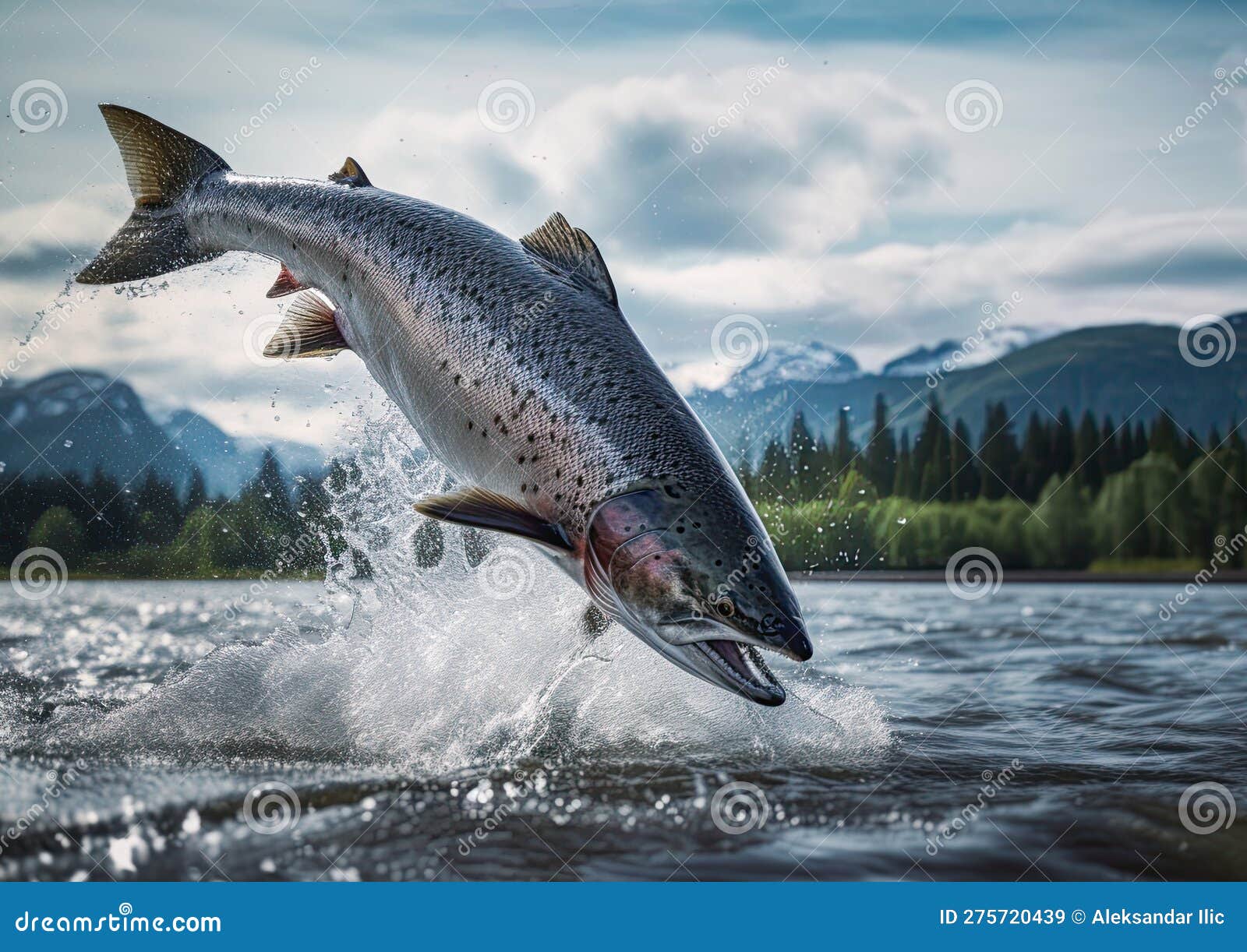 Salmon Jumping Out of Water in Alaskan River. Generative Ai Stock
