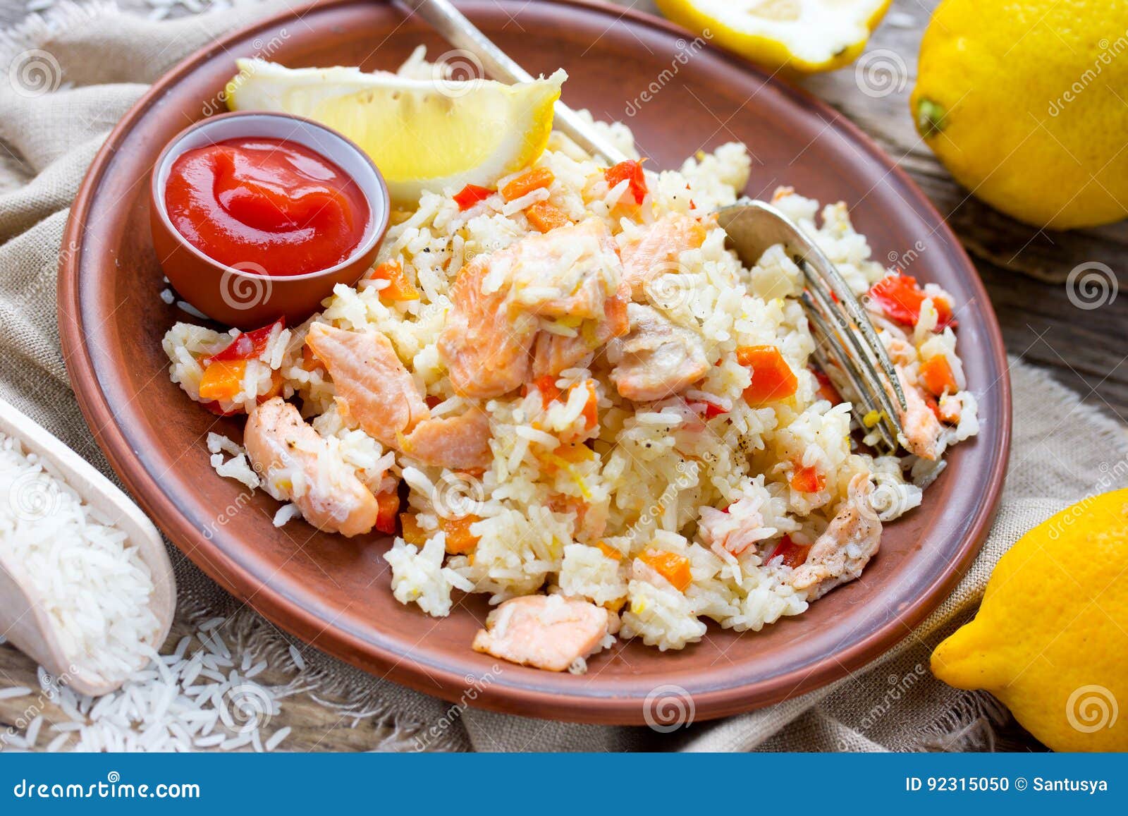 Salmon with Lemon and Rice Pilaf Stock Photo Image of italian, chinese 92315050