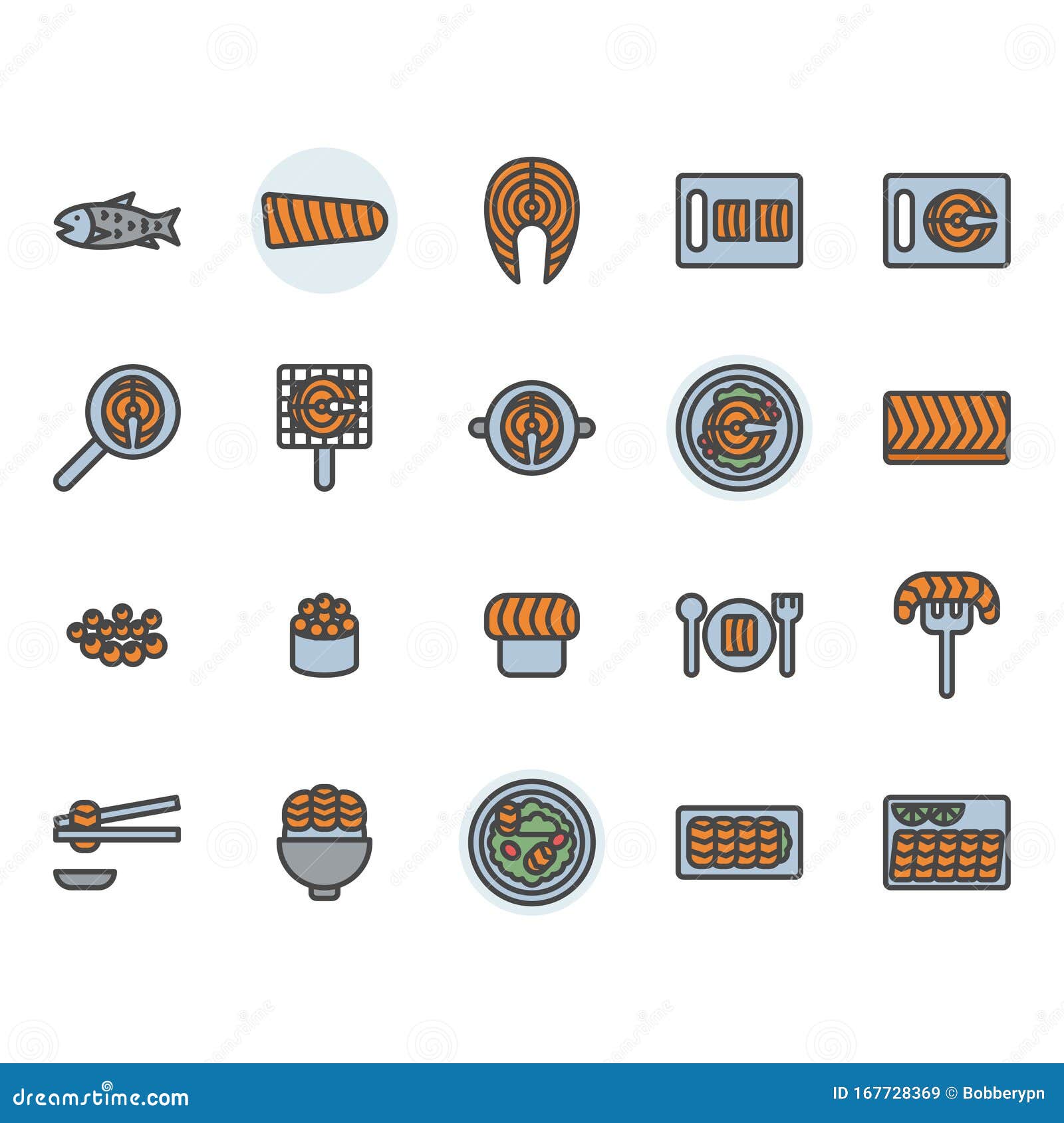 salmon related icon and  set in colorline 