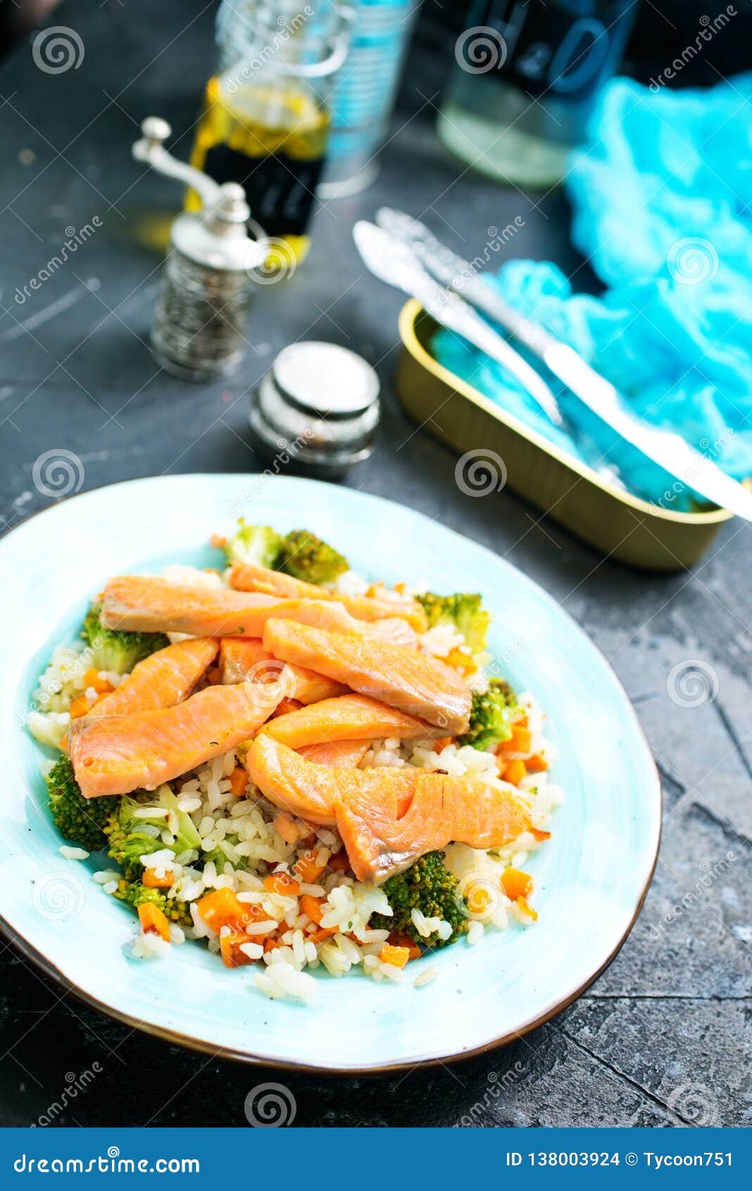 Salmon and Rice with Broccoli Stock Photo Image of food, grilled 138003924