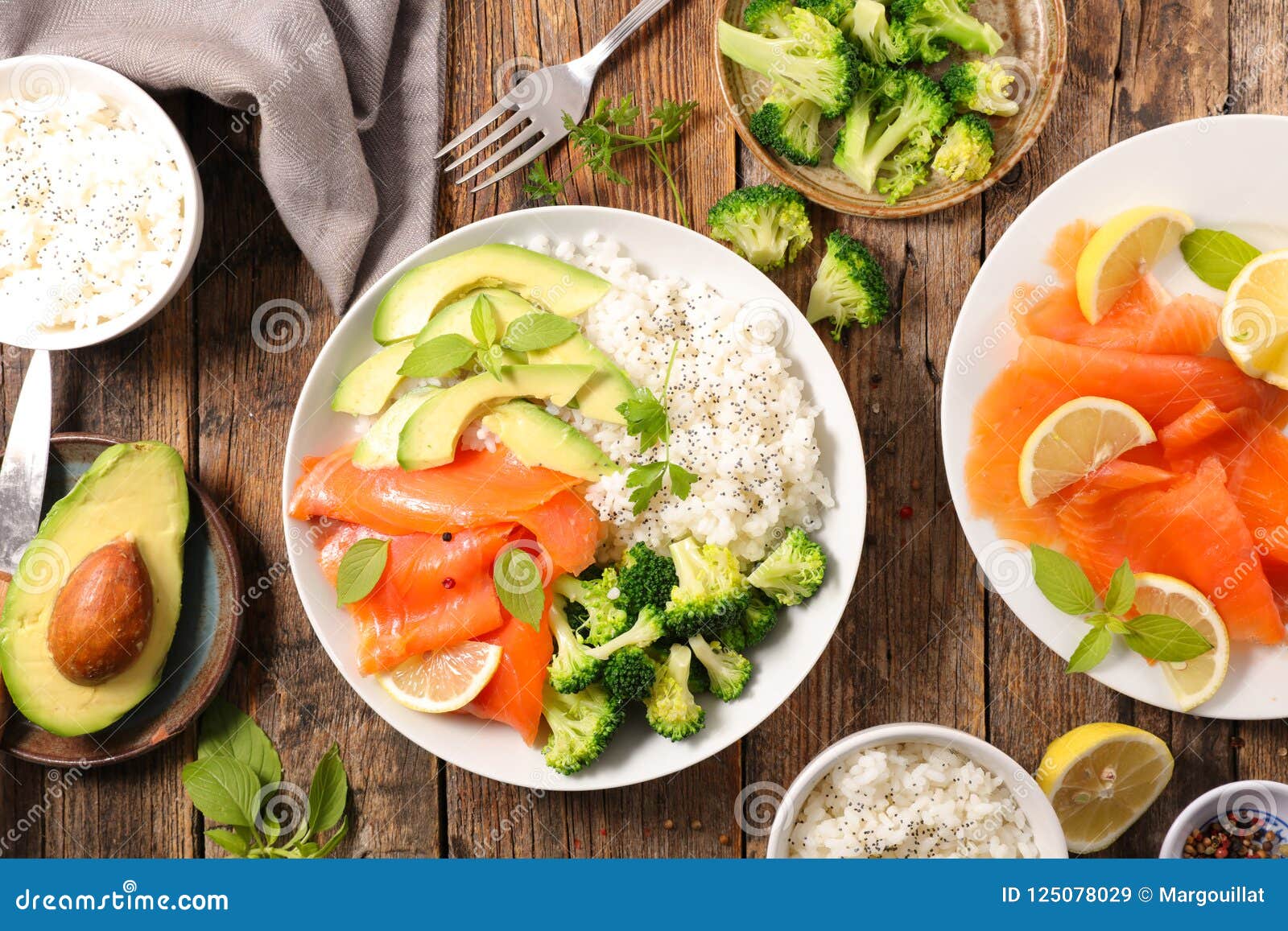 Salmon, rice and vegetable stock image. Image of avocado 125078029