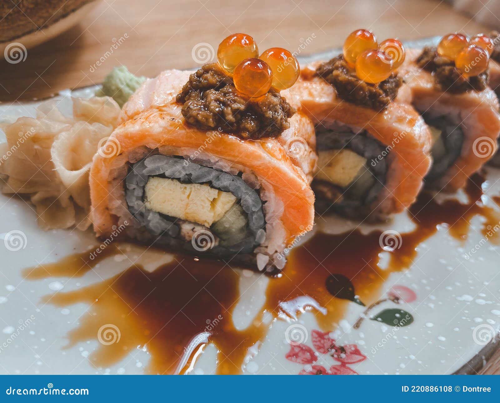Salmon Roll Topped Salmon Roe. Sushi Maki Menu Stock Photo Image of