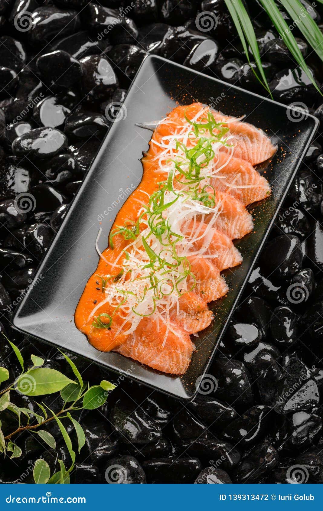 Salmon sashimi with daikon stock photo. Image of menu - 139313472