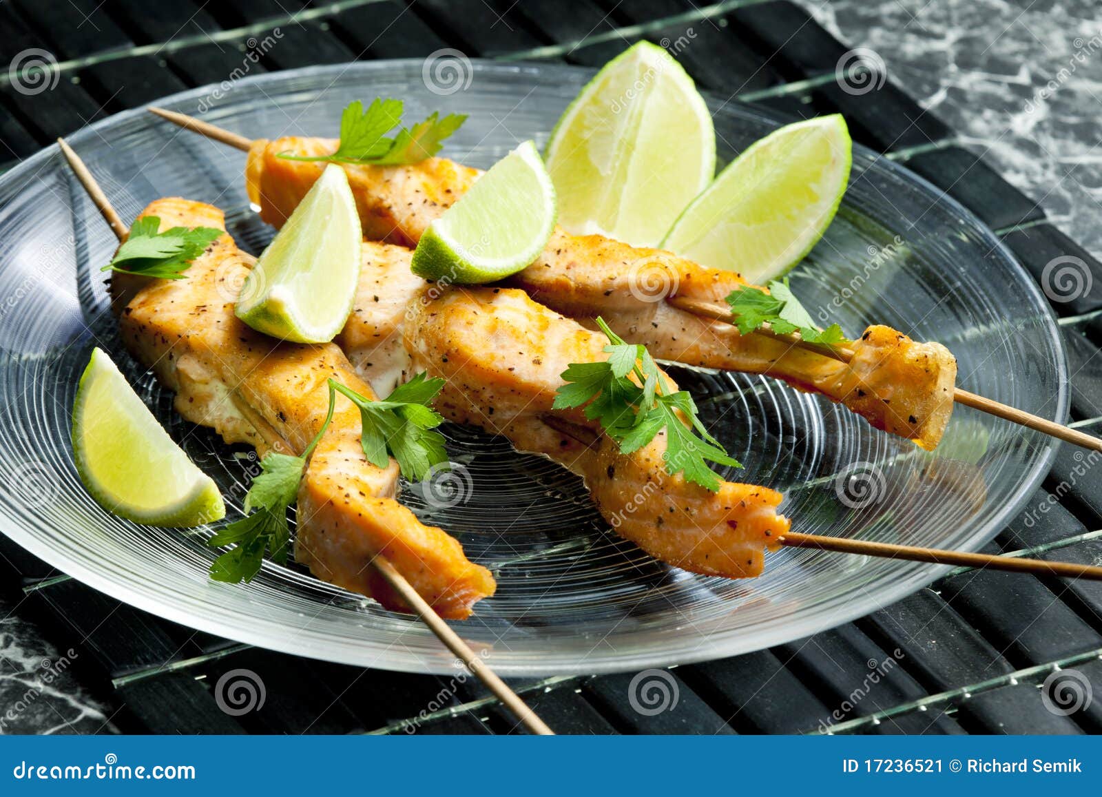 Salmon skewers stock image. Image of dish, plate, gastronomy 17236521