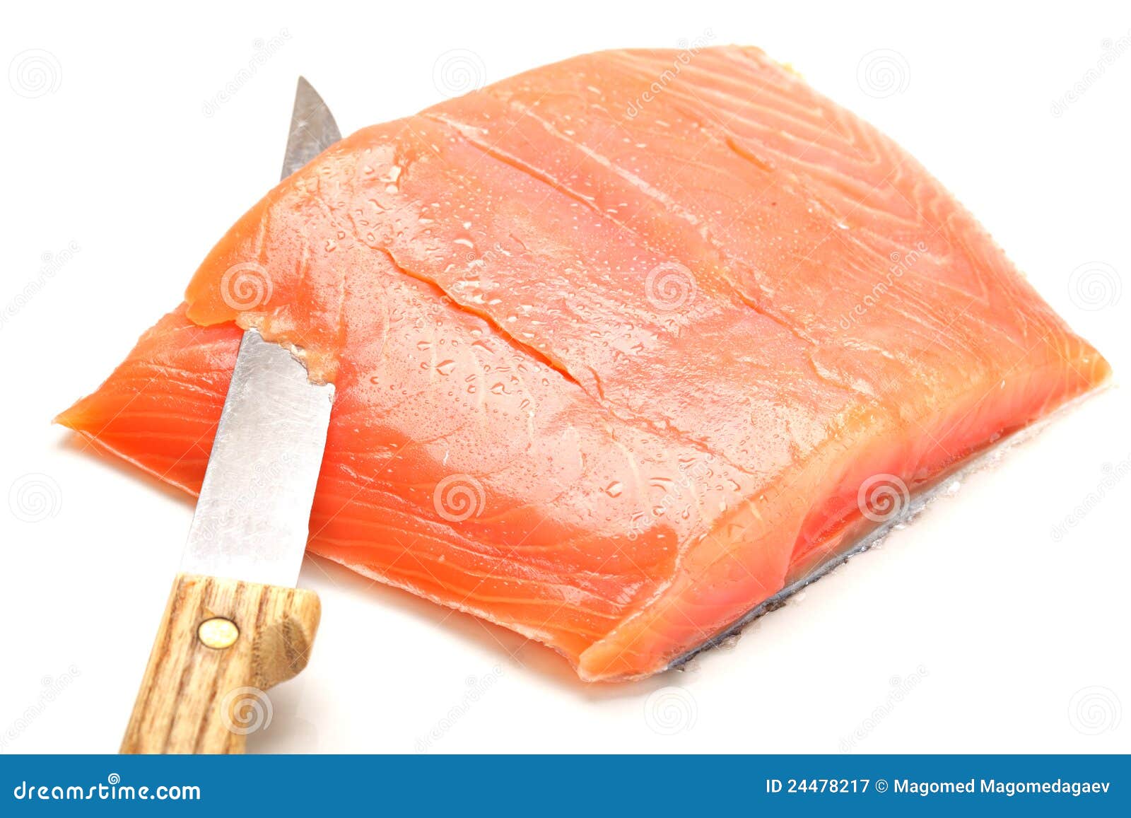 Salmon slicing with knife stock image. Image of fillet 24478217