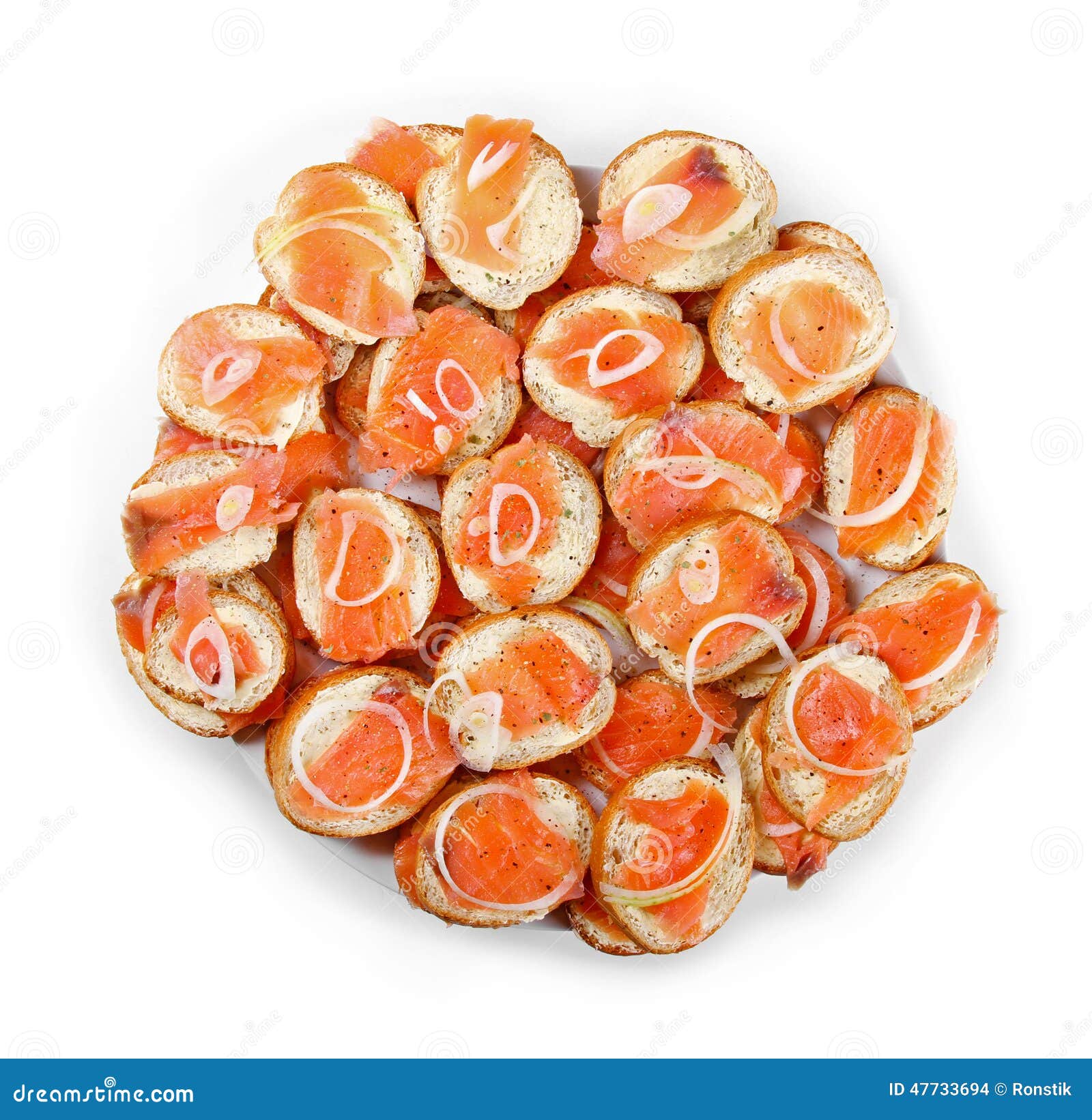 Salmon snacks on dish isolated on white background