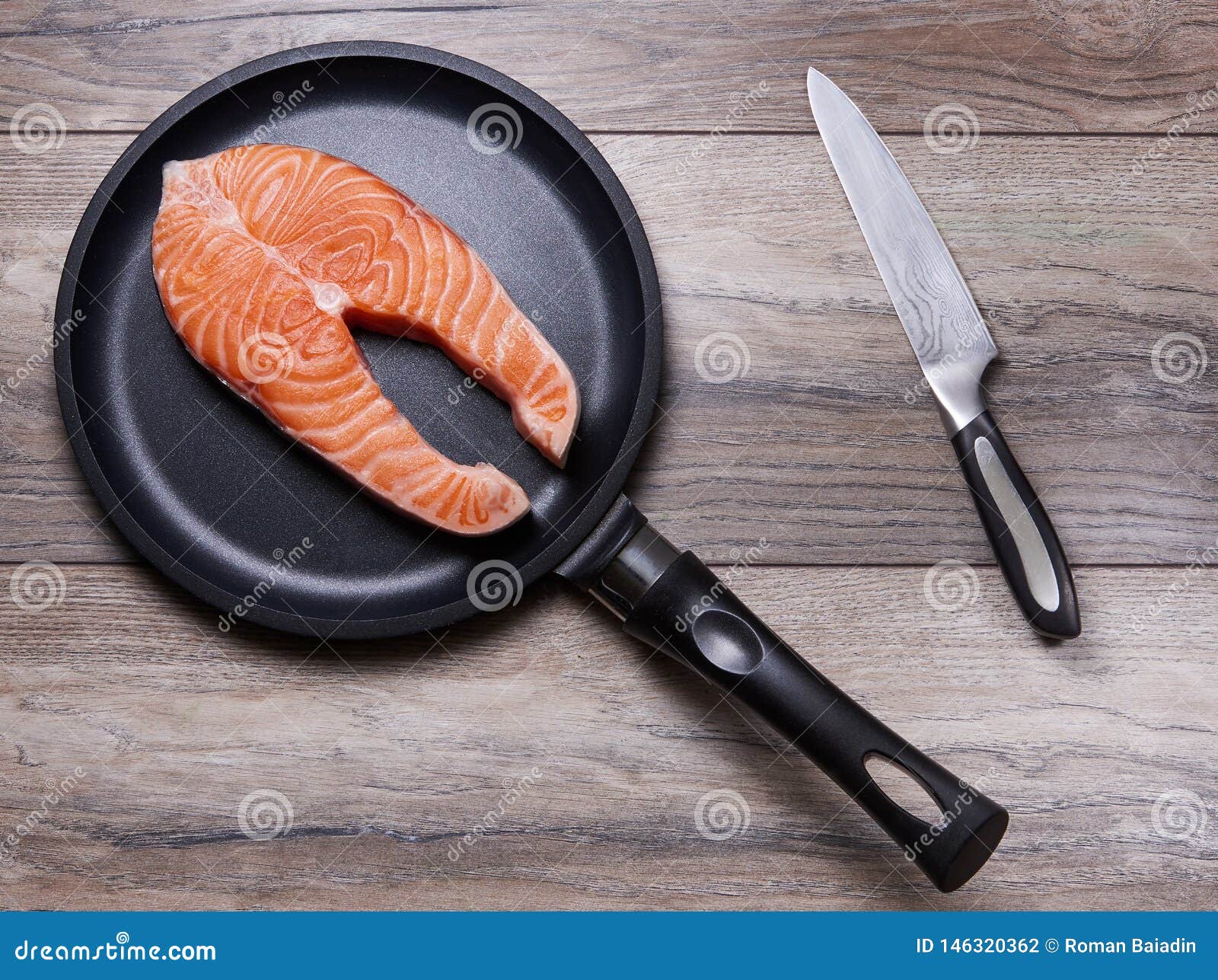 Salmon Steak on Frying Pan. Flat Lay Stock Photo - Image of meal ...