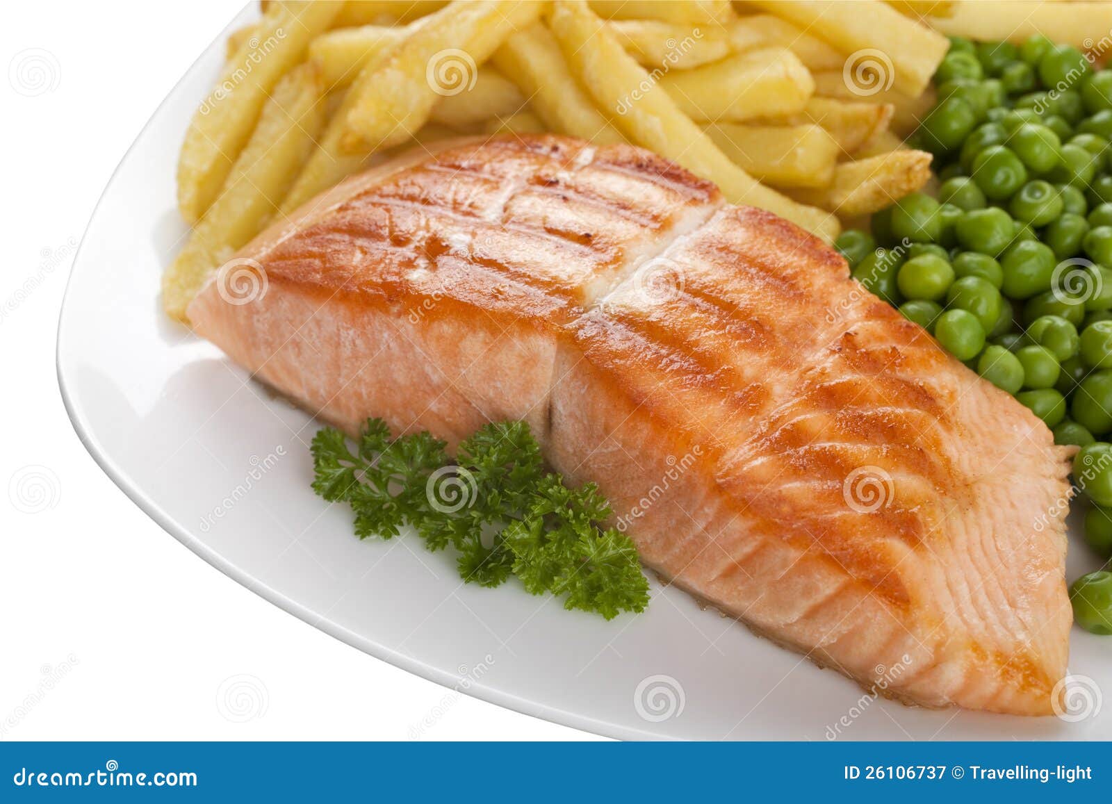 Salmon Steak with Chips and Peas Stock Image Image of salmon, steak